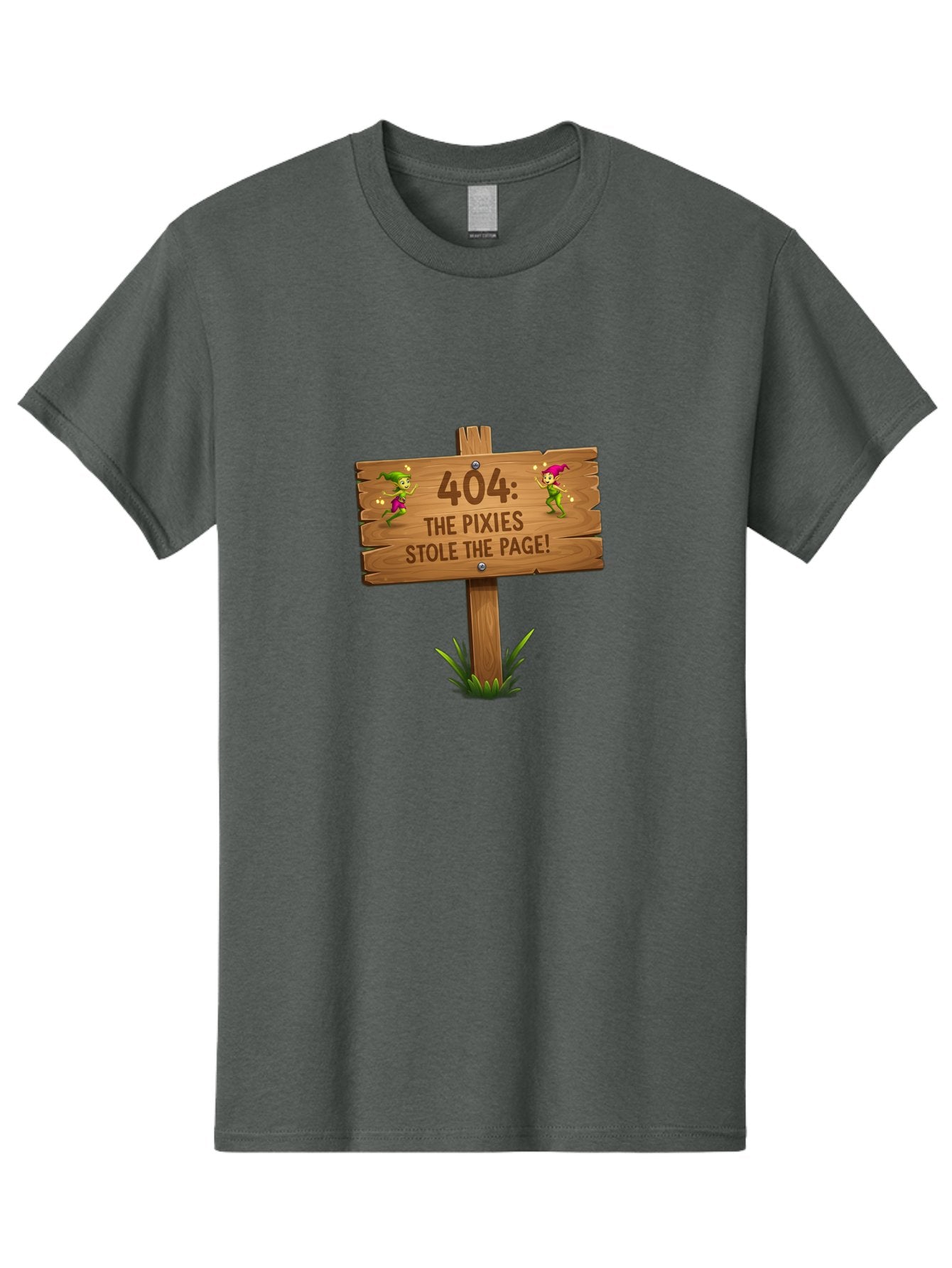 404-The-Pixies-Stole-The-Page Men'S Graphic Tee, 100% Cotton, Comfortable Casual Summer Wear, Machine Washable, Wooden Sign, Error 404, Mischievous Pixies, Lost Page, Playful Elves, Digital Mishaps, Website Errors, Fun, Mythical Creatures, Baa111 4
