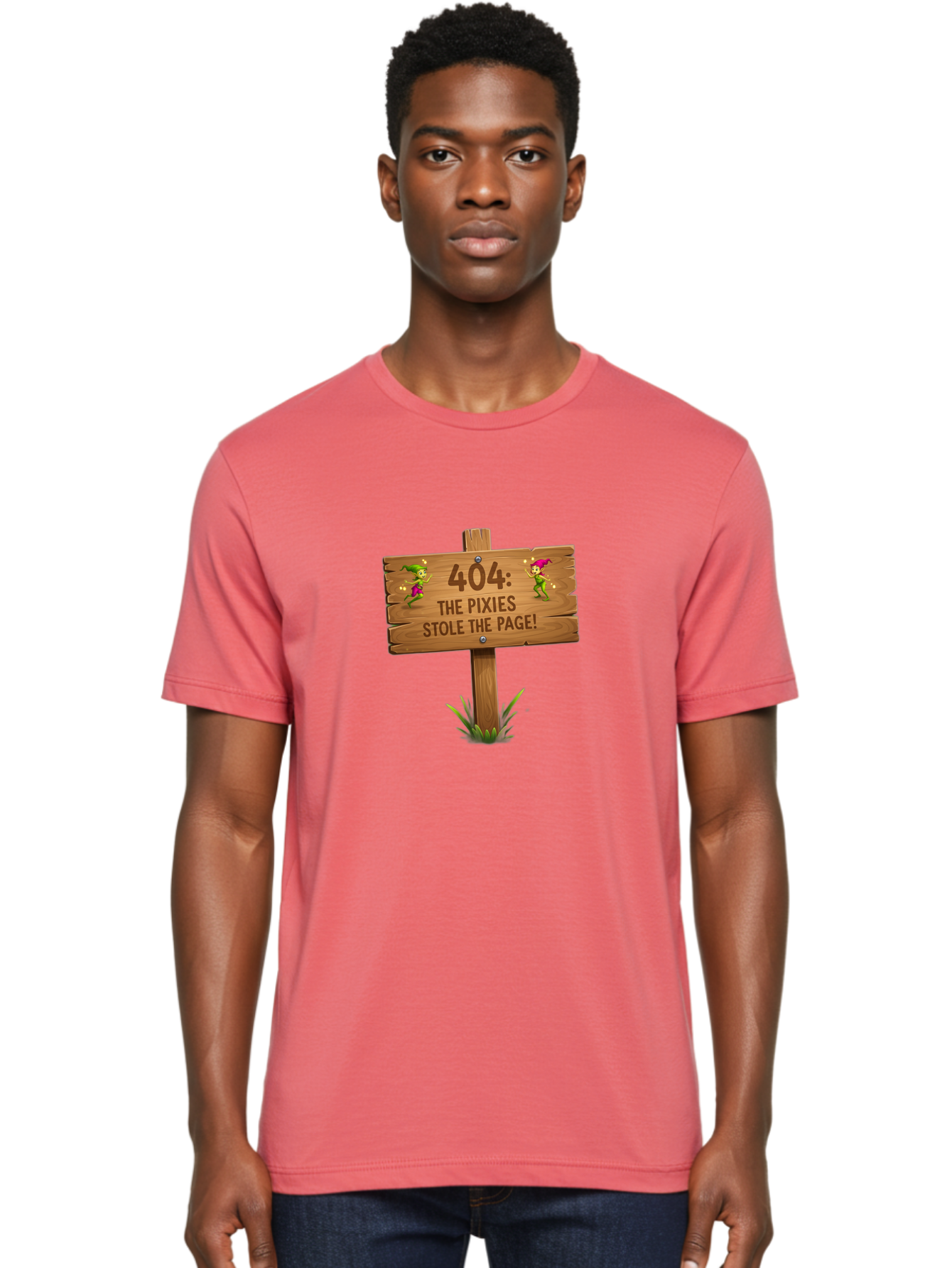 404-The-Pixies-Stole-The-Page Men'S Graphic Tee, 100% Cotton, Comfortable Casual Summer Wear, Machine Washable, Wooden Sign, Error 404, Mischievous Pixies, Lost Page, Playful Elves, Digital Mishaps, Website Errors, Fun, Mythical Creatures, Baa111 28
