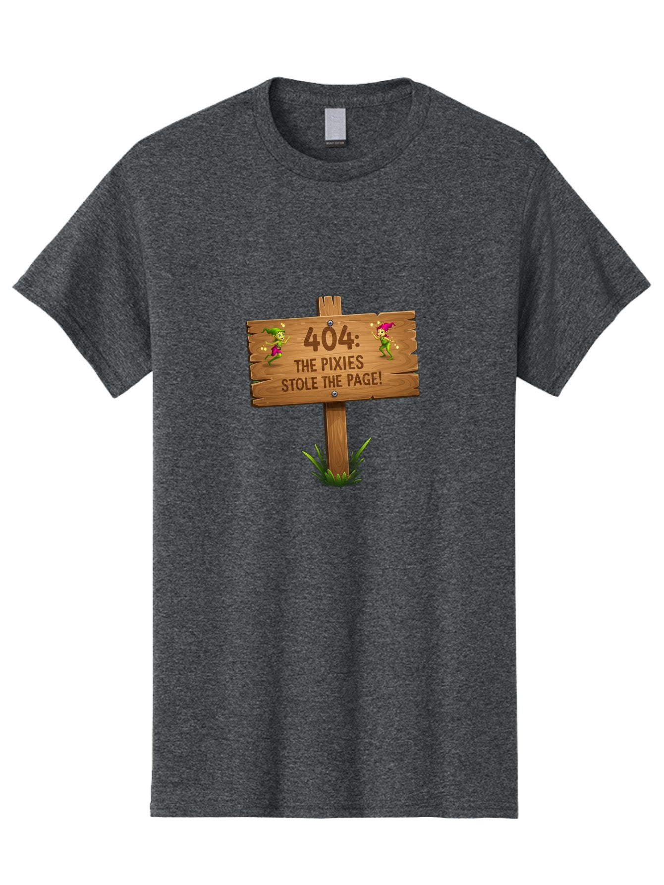 404-The-Pixies-Stole-The-Page Men'S Graphic Tee, 100% Cotton, Comfortable Casual Summer Wear, Machine Washable, Wooden Sign, Error 404, Mischievous Pixies, Lost Page, Playful Elves, Digital Mishaps, Website Errors, Fun, Mythical Creatures, Baa111 11
