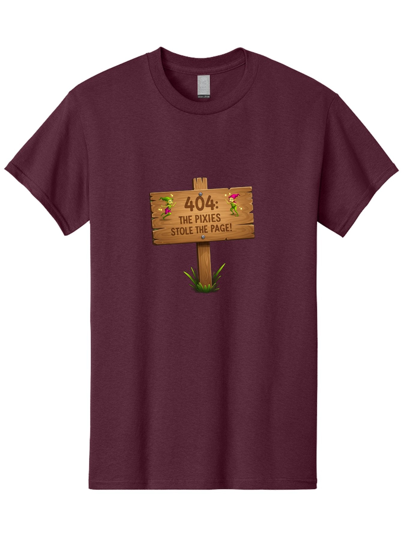 404-The-Pixies-Stole-The-Page Men'S Graphic Tee, 100% Cotton, Comfortable Casual Summer Wear, Machine Washable, Wooden Sign, Error 404, Mischievous Pixies, Lost Page, Playful Elves, Digital Mishaps, Website Errors, Fun, Mythical Creatures, Baa111 13