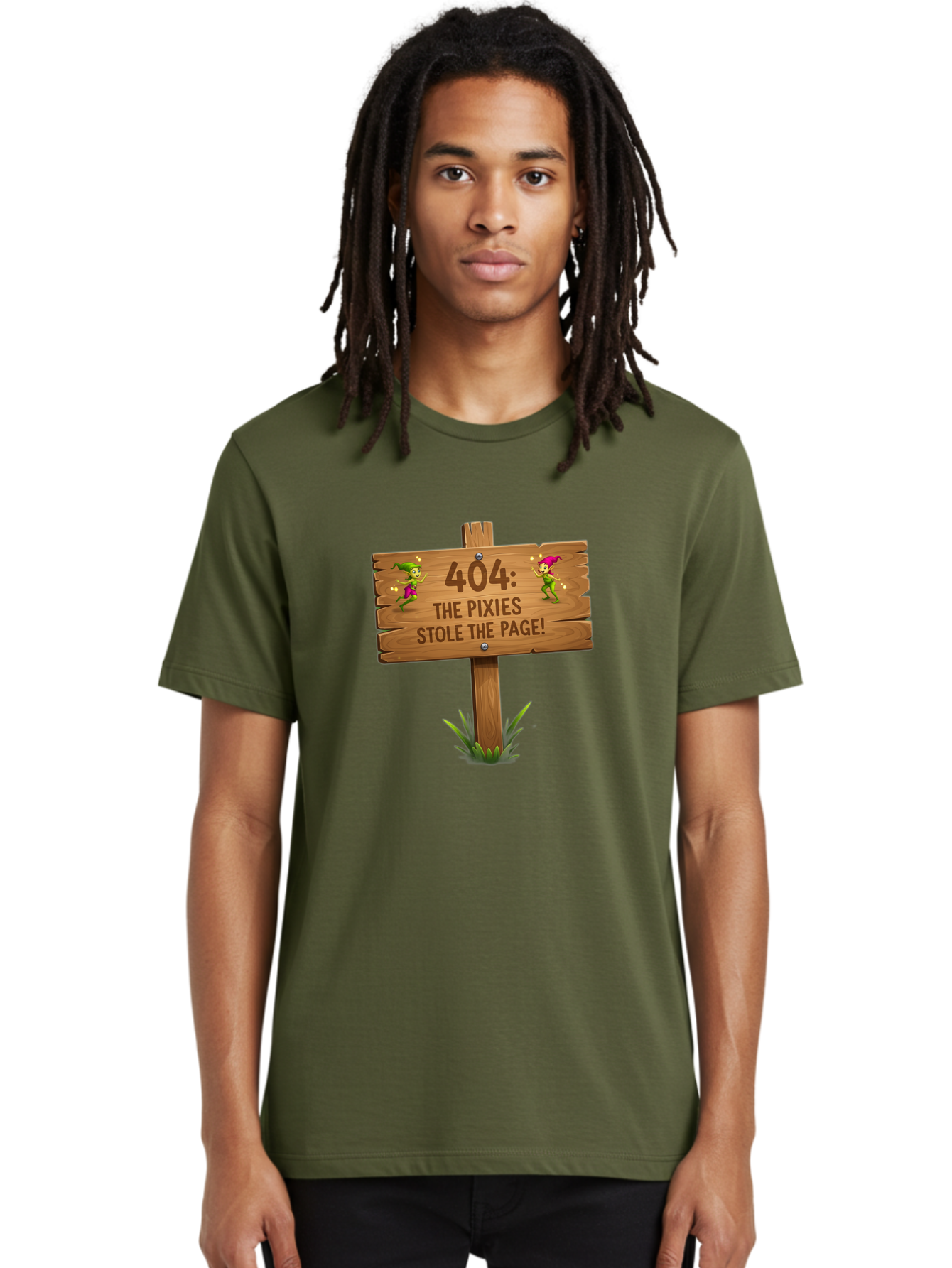 404-The-Pixies-Stole-The-Page Men'S Graphic Tee, 100% Cotton, Comfortable Casual Summer Wear, Machine Washable, Wooden Sign, Error 404, Mischievous Pixies, Lost Page, Playful Elves, Digital Mishaps, Website Errors, Fun, Mythical Creatures, Baa111