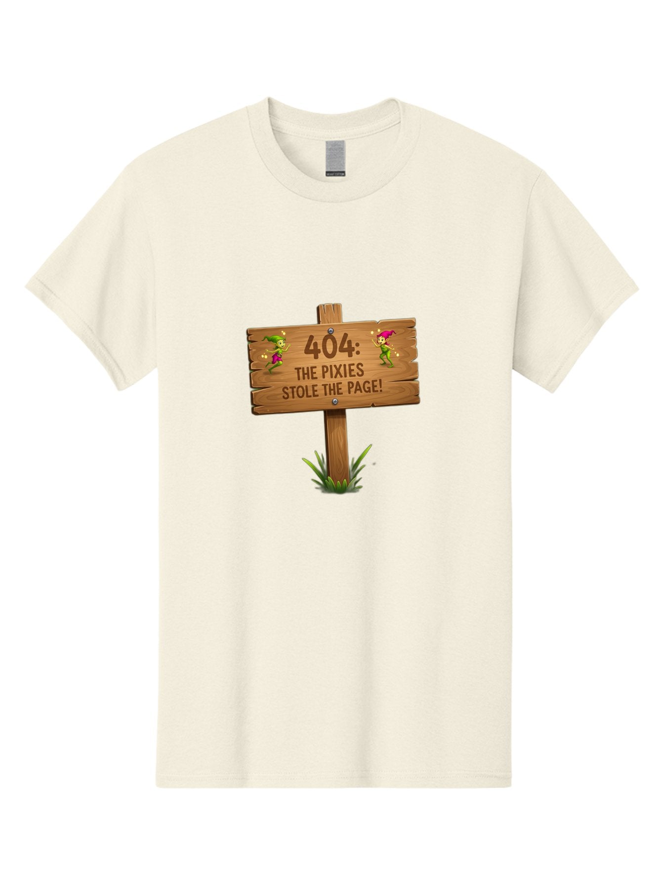 404-The-Pixies-Stole-The-Page Men'S Graphic Tee, 100% Cotton, Comfortable Casual Summer Wear, Machine Washable, Wooden Sign, Error 404, Mischievous Pixies, Lost Page, Playful Elves, Digital Mishaps, Website Errors, Fun, Mythical Creatures, Baa111 3