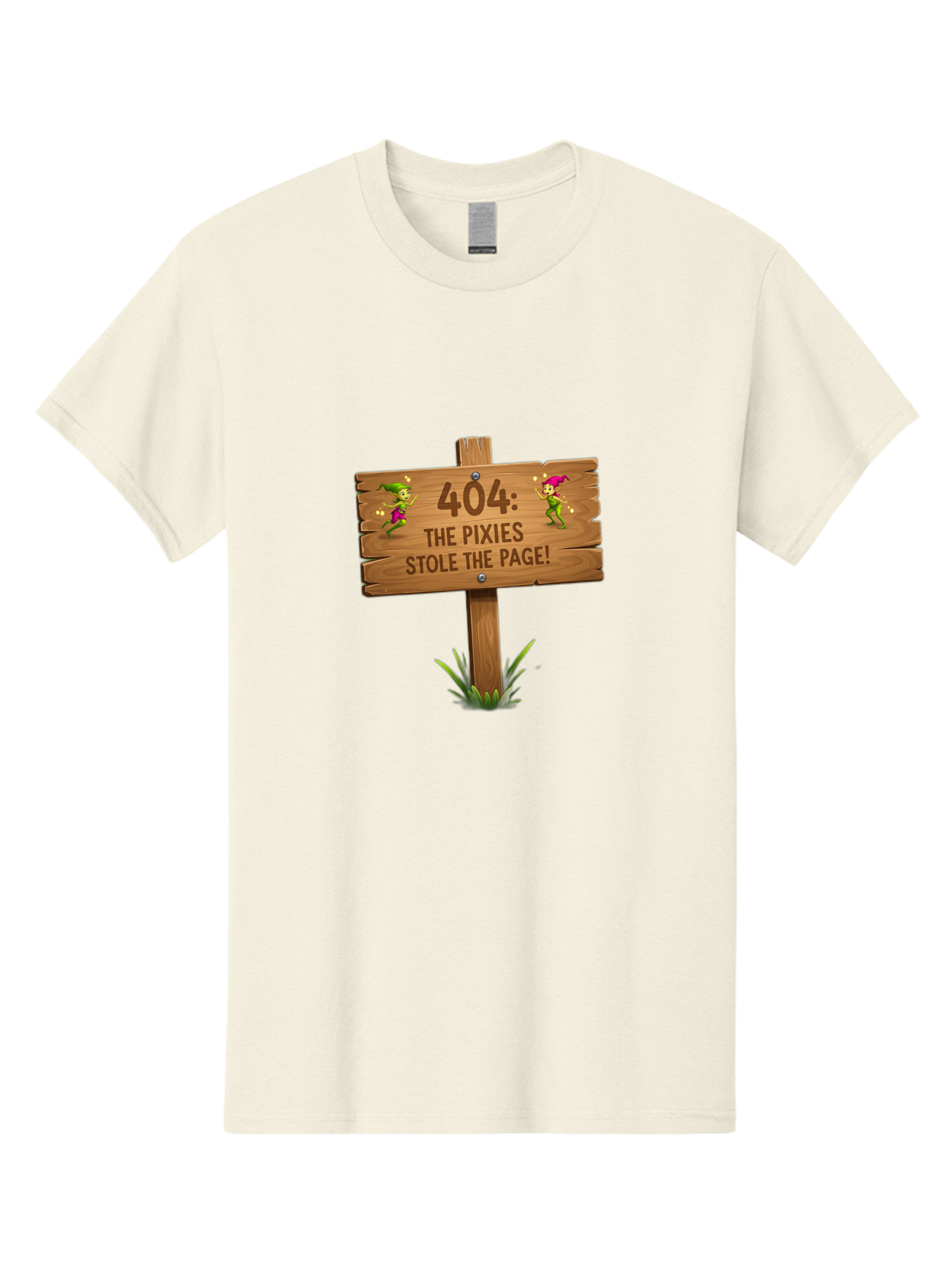 404-The-Pixies-Stole-The-Page Men'S Graphic Tee, 100% Cotton, Comfortable Casual Summer Wear, Machine Washable, Wooden Sign, Error 404, Mischievous Pixies, Lost Page, Playful Elves, Digital Mishaps, Website Errors, Fun, Mythical Creatures, Baa111 17