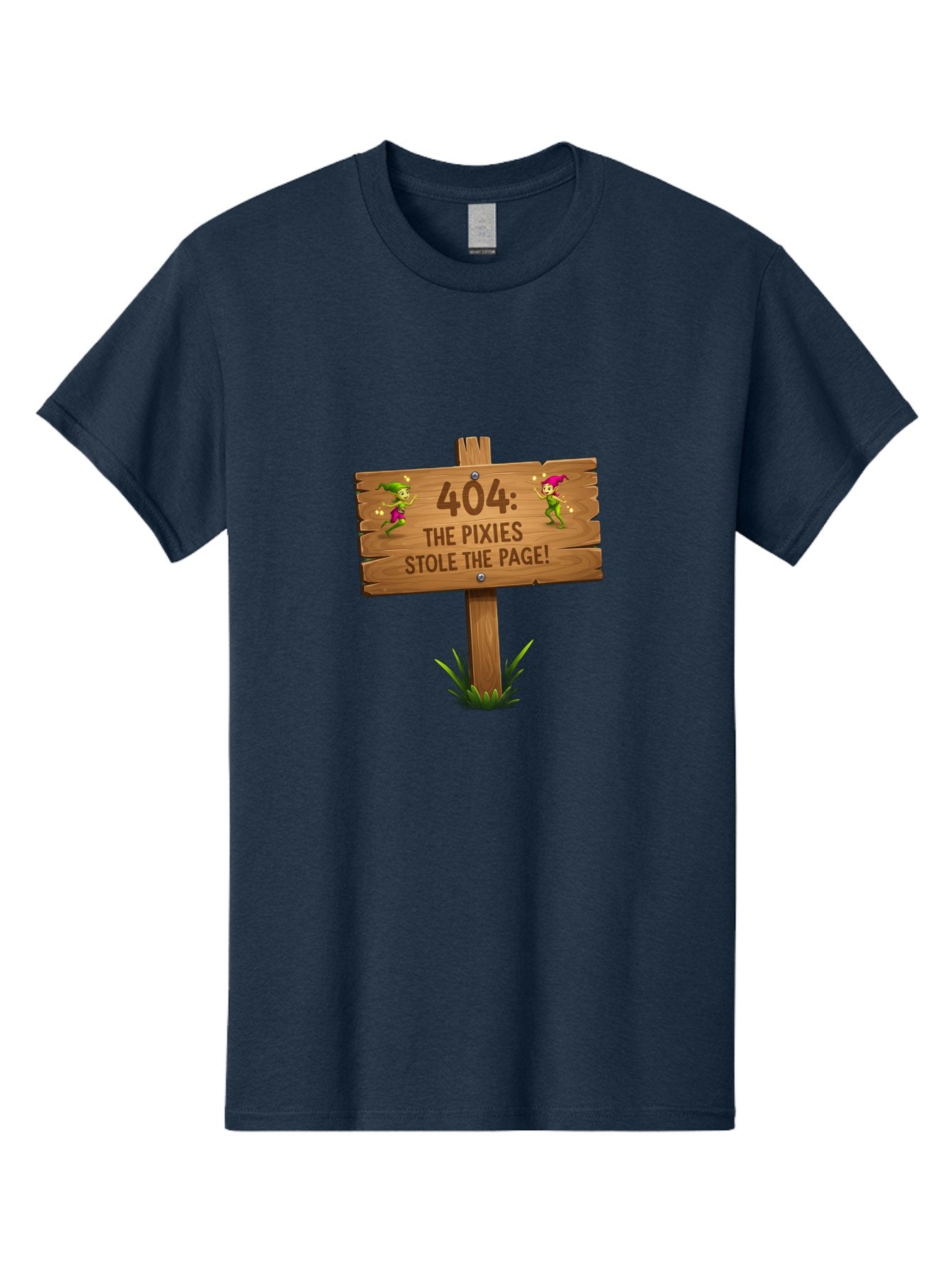 404-The-Pixies-Stole-The-Page Men'S Graphic Tee, 100% Cotton, Comfortable Casual Summer Wear, Machine Washable, Wooden Sign, Error 404, Mischievous Pixies, Lost Page, Playful Elves, Digital Mishaps, Website Errors, Fun, Mythical Creatures, Baa111