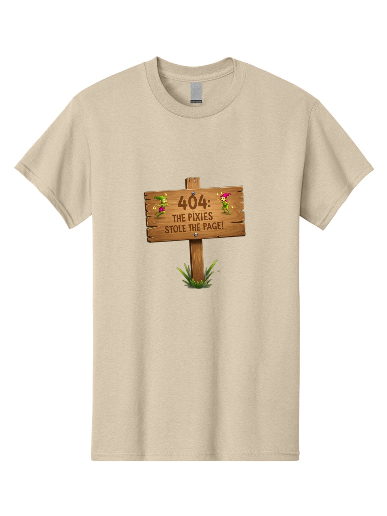 404-The-Pixies-Stole-The-Page Men'S Graphic Tee, 100% Cotton, Comfortable Casual Summer Wear, Machine Washable, Wooden Sign, Error 404, Mischievous Pixies, Lost Page, Playful Elves, Digital Mishaps, Website Errors, Fun, Mythical Creatures, Baa111 7