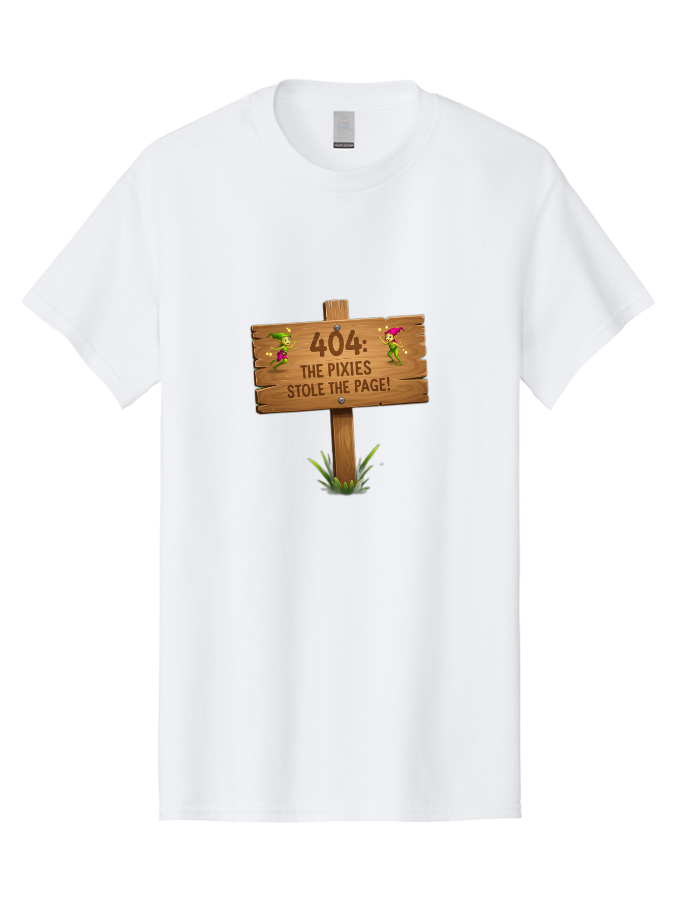 404-The-Pixies-Stole-The-Page Men'S Graphic Tee, 100% Cotton, Comfortable Casual Summer Wear, Machine Washable, Wooden Sign, Error 404, Mischievous Pixies, Lost Page, Playful Elves, Digital Mishaps, Website Errors, Fun, Mythical Creatures, Baa111 3