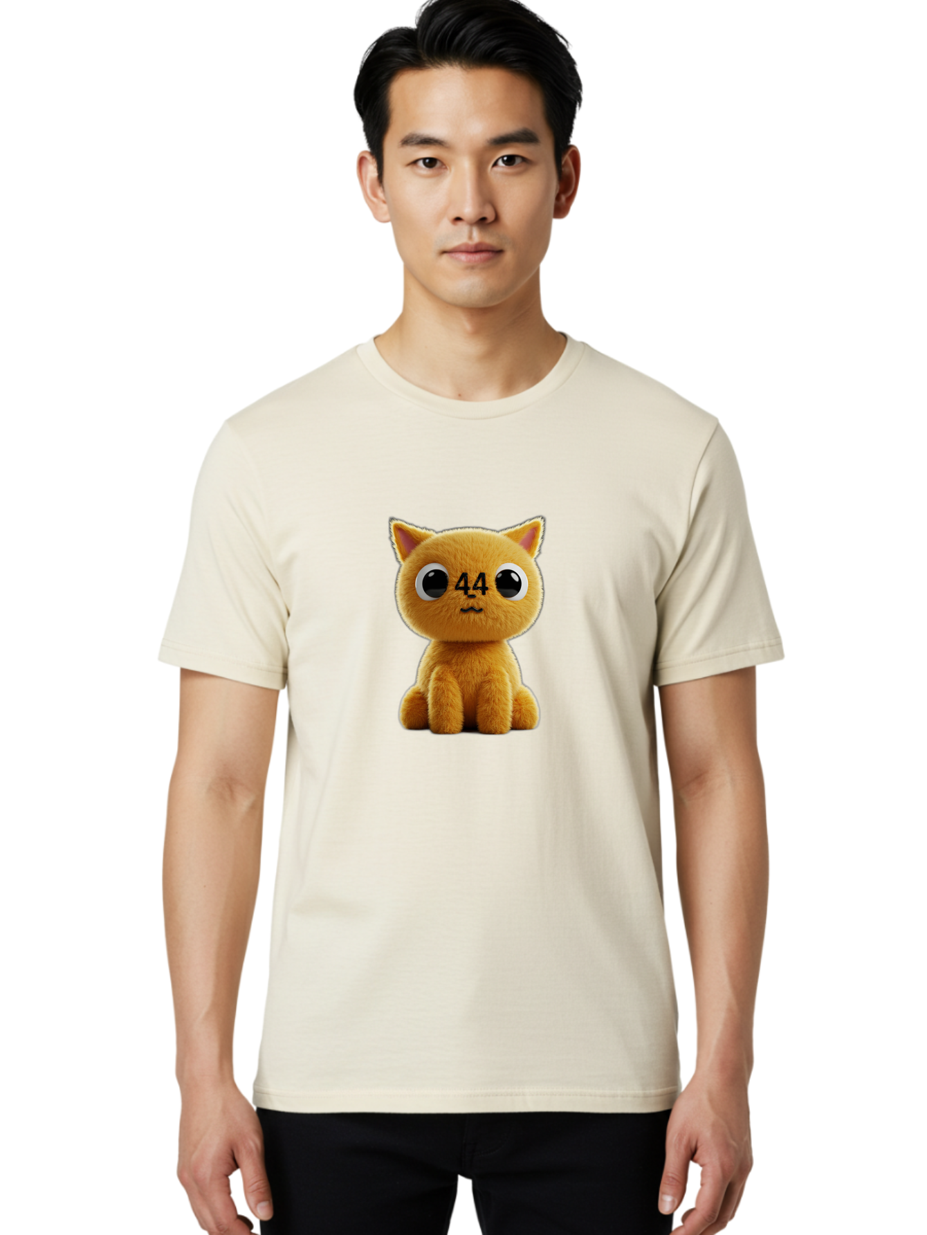 44 Men'S Graphic Tee, 100% Cotton, Comfortable Casual Summer Wear, Machine Washable, Cute Cartoon Cat, Funny Cat Design, Orange Cat Plush, Cartoonish Eyes, Adorable Facial Expression, Kawaii Character, Number 44 Design, Soft Toy Baa114 14