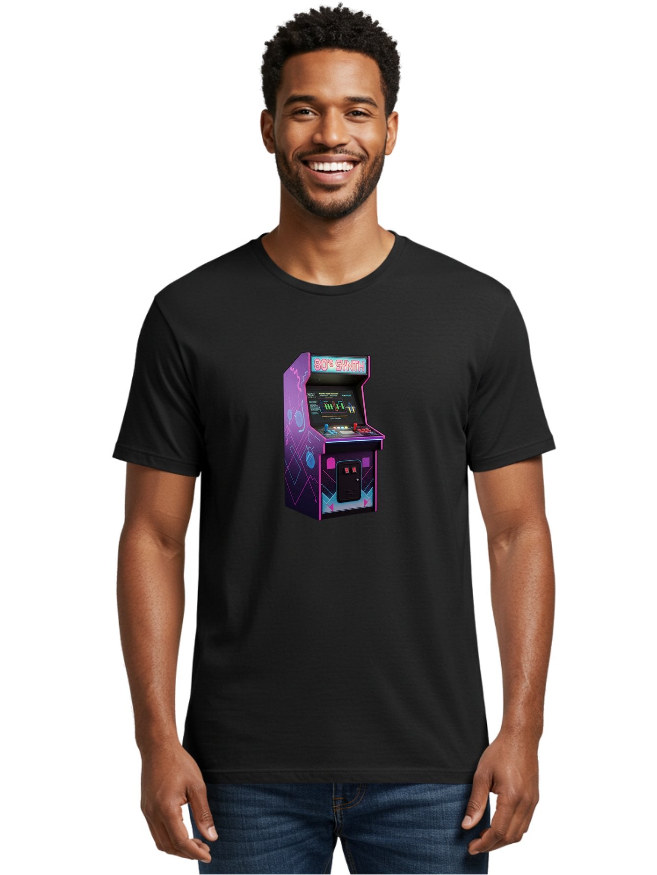80-S-Synth-Arcade-Machine Men'S Graphic Tee, 100% Cotton, Comfortable Casual Summer Wear, Machine Washable, Retro Arcade Machine, Vintage Gaming, 80S Synth Music, Classic Video Games, Neon Lights, Pixel Art, Nostalgic Atmosphere, Baa115 19