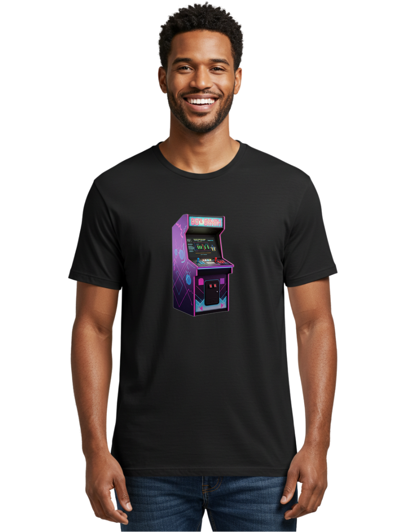 80-S-Synth-Arcade-Machine Men'S Graphic Tee, 100% Cotton, Comfortable Casual Summer Wear, Machine Washable, Retro Arcade Machine, Vintage Gaming, 80S Synth Music, Classic Video Games, Neon Lights, Pixel Art, Nostalgic Atmosphere, Baa115 22