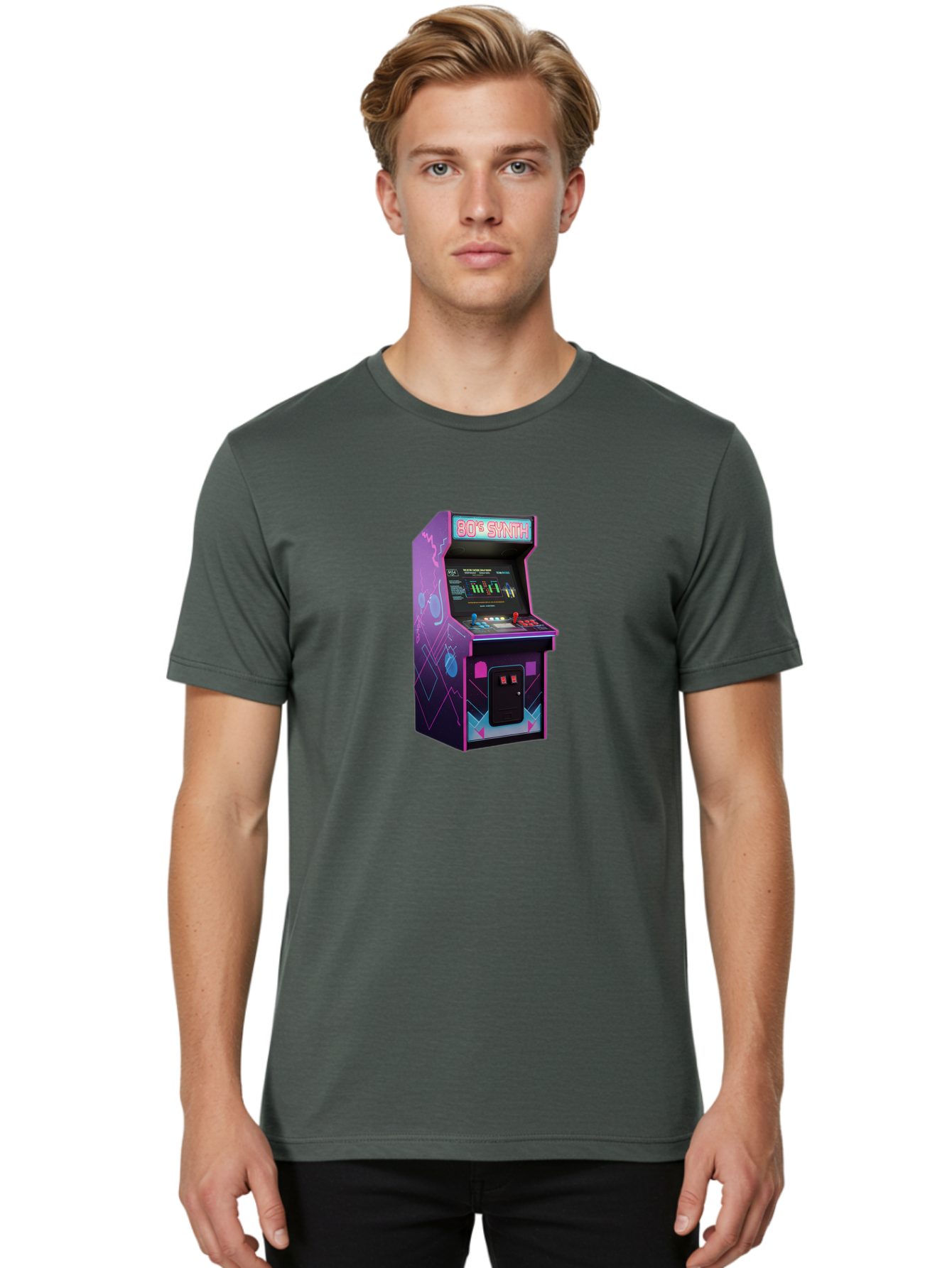 80-S-Synth-Arcade-Machine Men'S Graphic Tee, 100% Cotton, Comfortable Casual Summer Wear, Machine Washable, Retro Arcade Machine, Vintage Gaming, 80S Synth Music, Classic Video Games, Neon Lights, Pixel Art, Nostalgic Atmosphere, Baa115 12