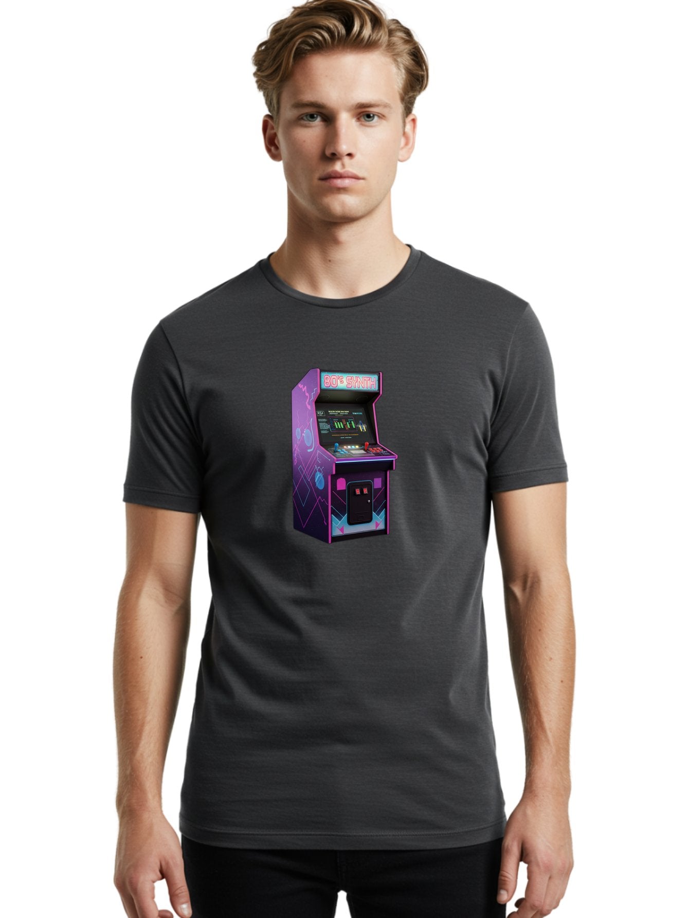 80-S-Synth-Arcade-Machine Men'S Graphic Tee, 100% Cotton, Comfortable Casual Summer Wear, Machine Washable, Retro Arcade Machine, Vintage Gaming, 80S Synth Music, Classic Video Games, Neon Lights, Pixel Art, Nostalgic Atmosphere, Baa115 21