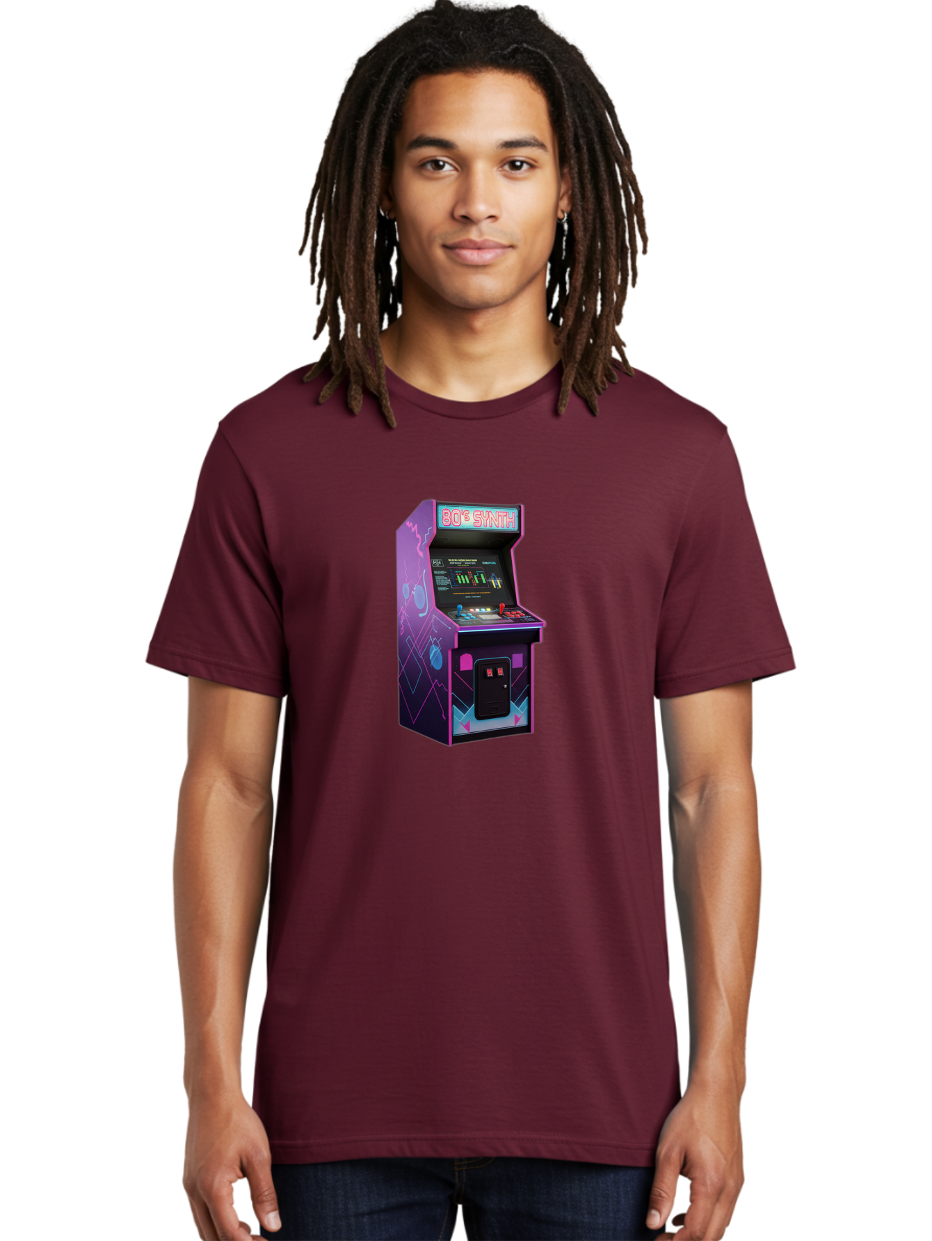 80-S-Synth-Arcade-Machine Men'S Graphic Tee, 100% Cotton, Comfortable Casual Summer Wear, Machine Washable, Retro Arcade Machine, Vintage Gaming, 80S Synth Music, Classic Video Games, Neon Lights, Pixel Art, Nostalgic Atmosphere, Baa115 28