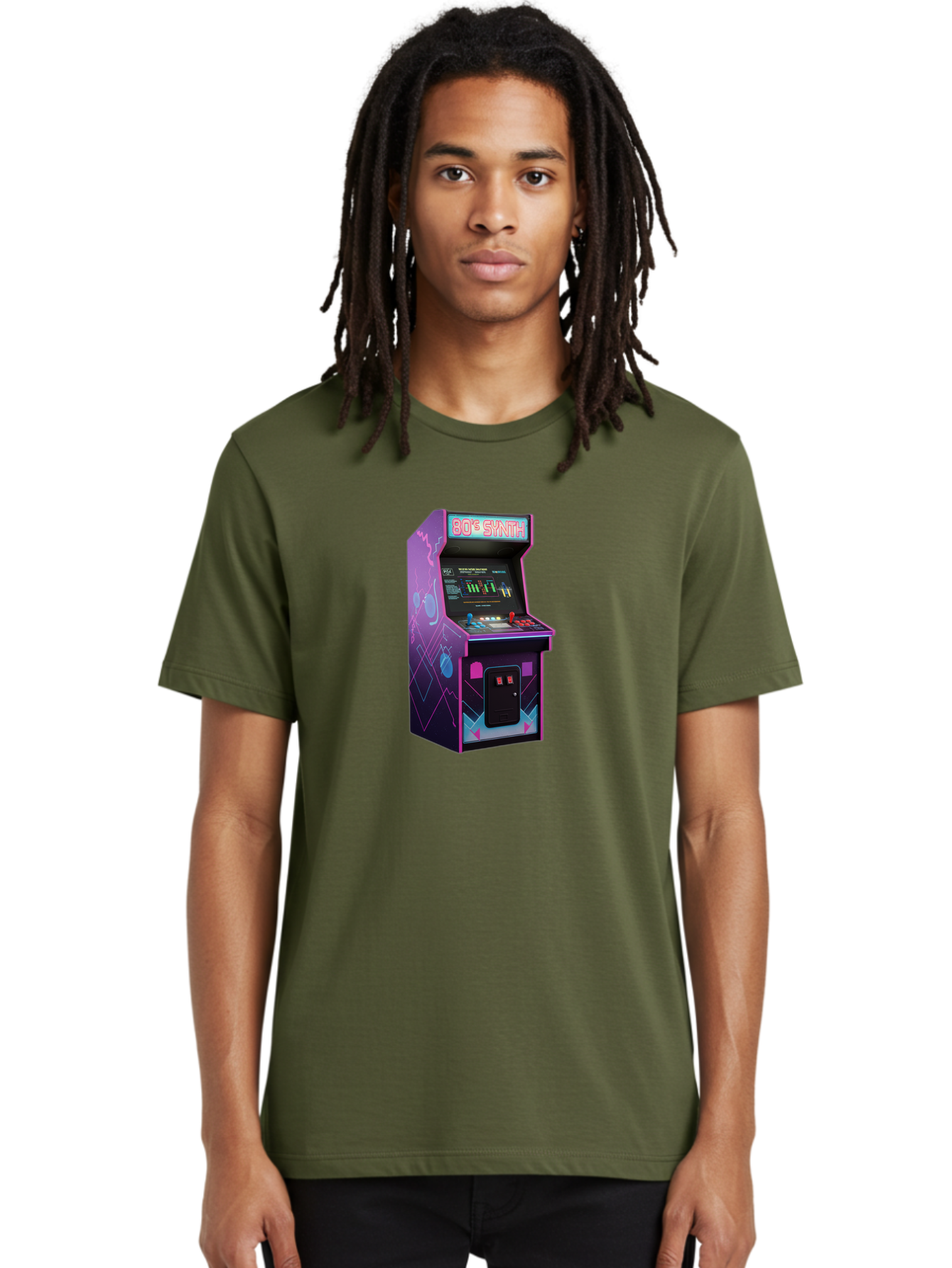 80-S-Synth-Arcade-Machine Men'S Graphic Tee, 100% Cotton, Comfortable Casual Summer Wear, Machine Washable, Retro Arcade Machine, Vintage Gaming, 80S Synth Music, Classic Video Games, Neon Lights, Pixel Art, Nostalgic Atmosphere, Baa115 6