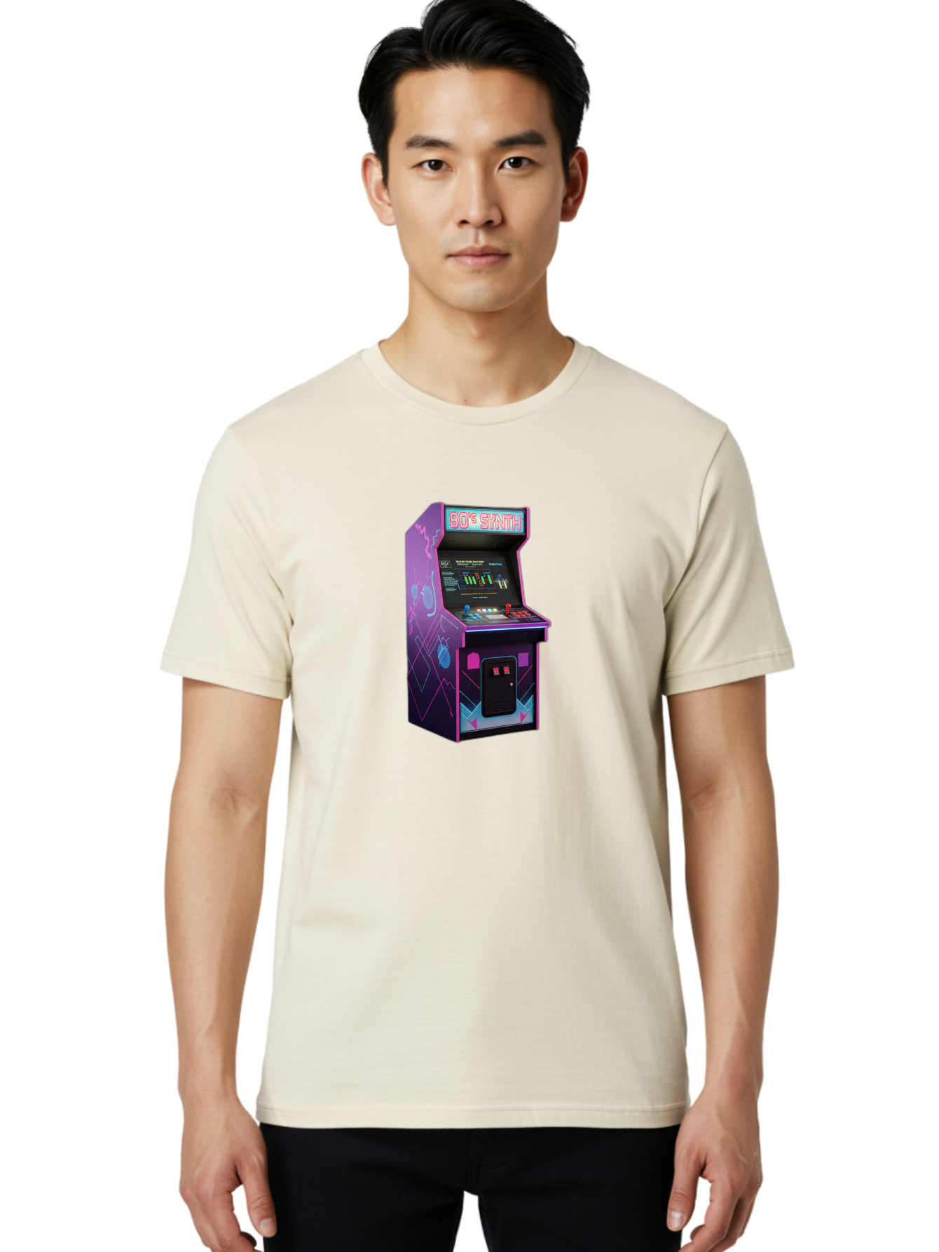 80-S-Synth-Arcade-Machine Men'S Graphic Tee, 100% Cotton, Comfortable Casual Summer Wear, Machine Washable, Retro Arcade Machine, Vintage Gaming, 80S Synth Music, Classic Video Games, Neon Lights, Pixel Art, Nostalgic Atmosphere, Baa115 4