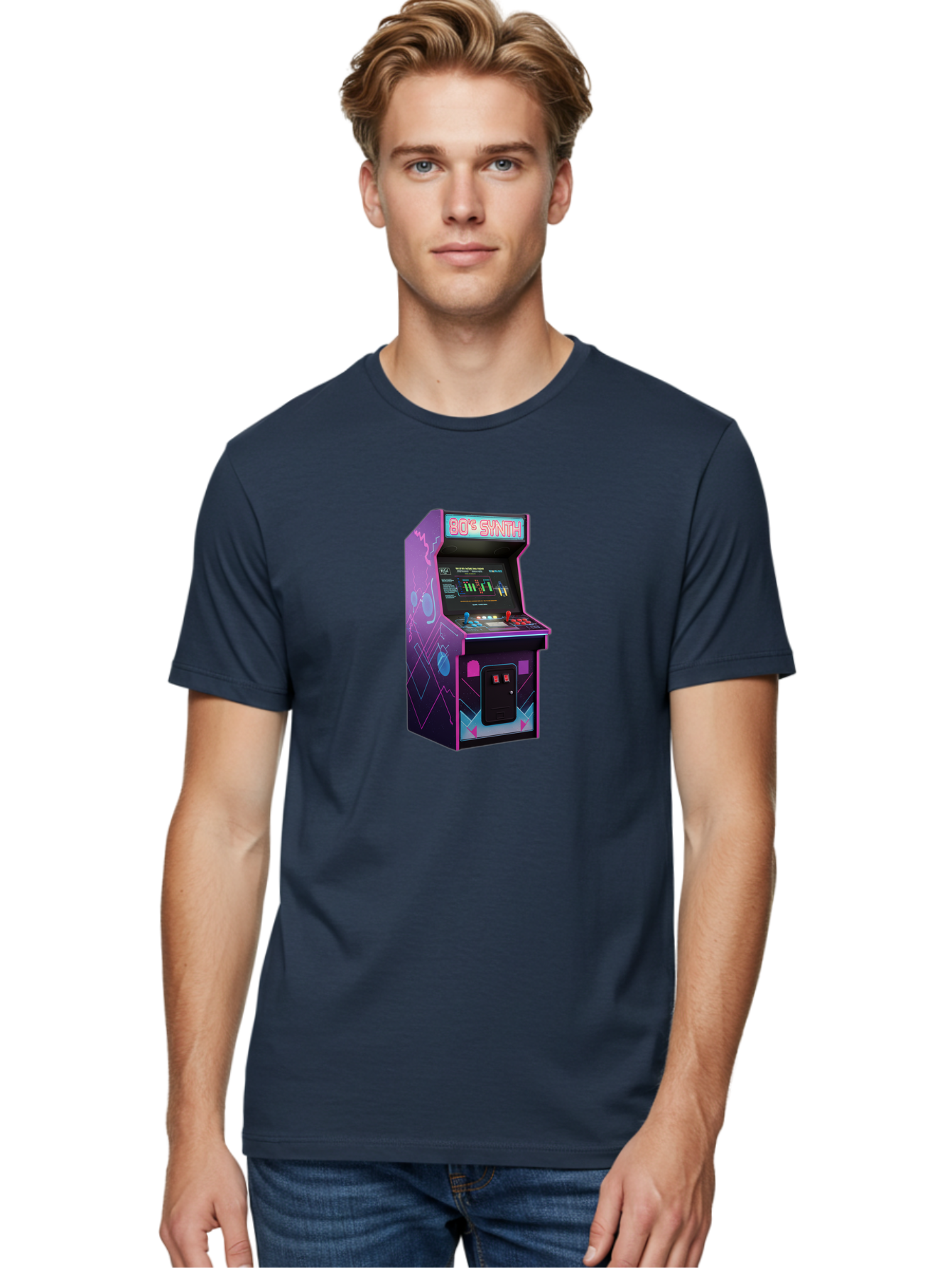 80-S-Synth-Arcade-Machine Men'S Graphic Tee, 100% Cotton, Comfortable Casual Summer Wear, Machine Washable, Retro Arcade Machine, Vintage Gaming, 80S Synth Music, Classic Video Games, Neon Lights, Pixel Art, Nostalgic Atmosphere, Baa115 26