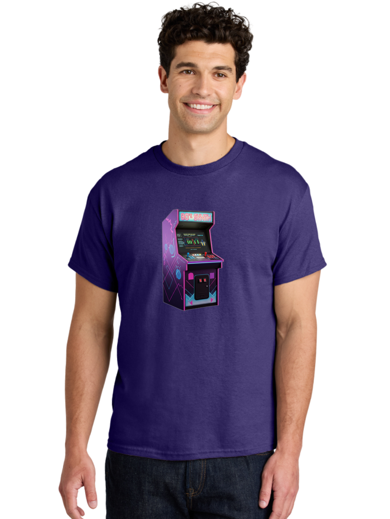 80-S-Synth-Arcade-Machine Men'S Graphic Tee, 100% Cotton, Comfortable Casual Summer Wear, Machine Washable, Retro Arcade Machine, Vintage Gaming, 80S Synth Music, Classic Video Games, Neon Lights, Pixel Art, Nostalgic Atmosphere, Baa115 30