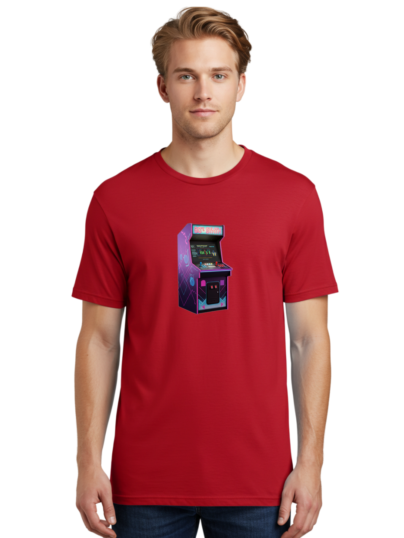 80-S-Synth-Arcade-Machine Men'S Graphic Tee, 100% Cotton, Comfortable Casual Summer Wear, Machine Washable, Retro Arcade Machine, Vintage Gaming, 80S Synth Music, Classic Video Games, Neon Lights, Pixel Art, Nostalgic Atmosphere, Baa115 8