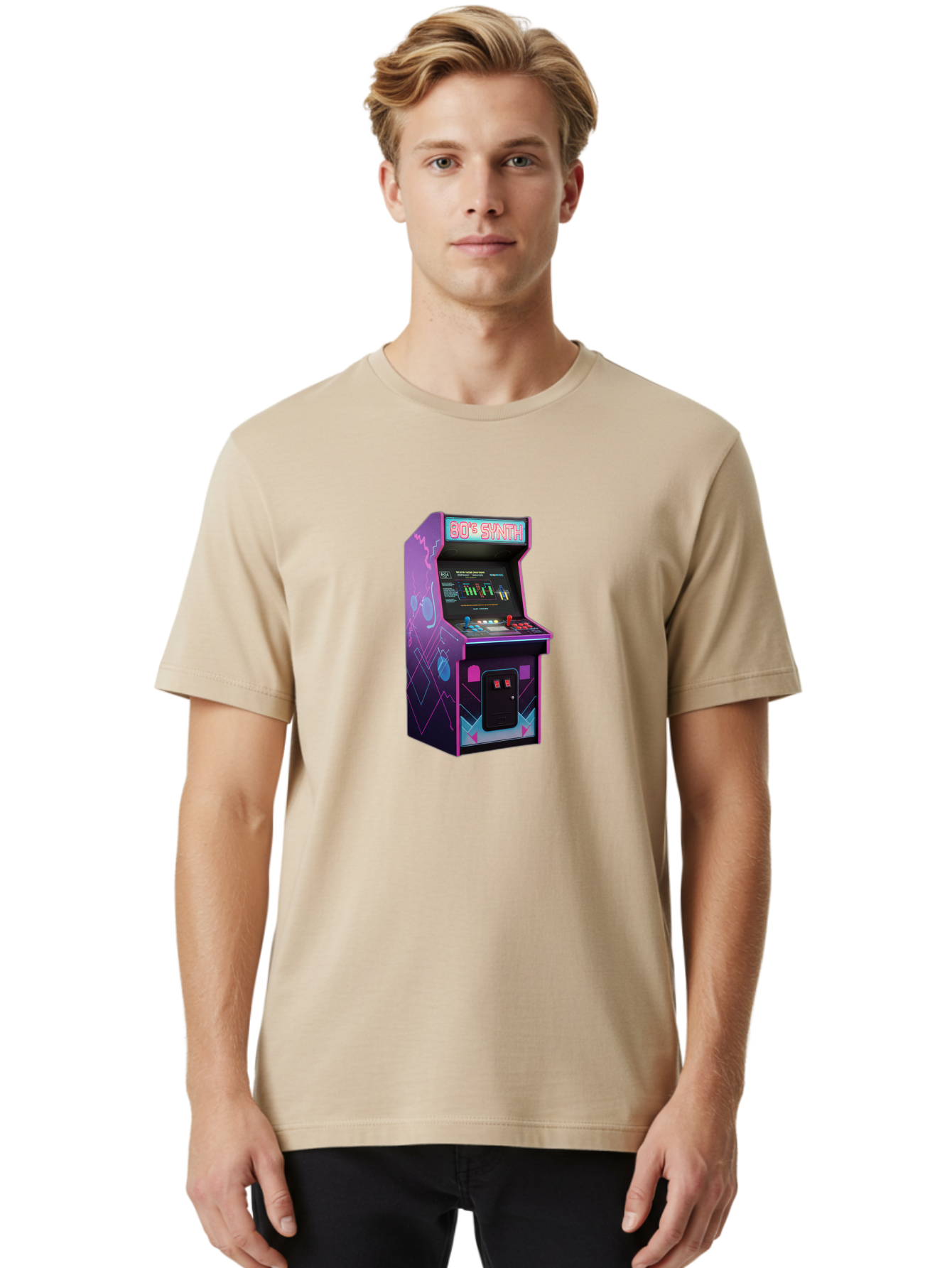 80-S-Synth-Arcade-Machine Men'S Graphic Tee, 100% Cotton, Comfortable Casual Summer Wear, Machine Washable, Retro Arcade Machine, Vintage Gaming, 80S Synth Music, Classic Video Games, Neon Lights, Pixel Art, Nostalgic Atmosphere, Baa115 14