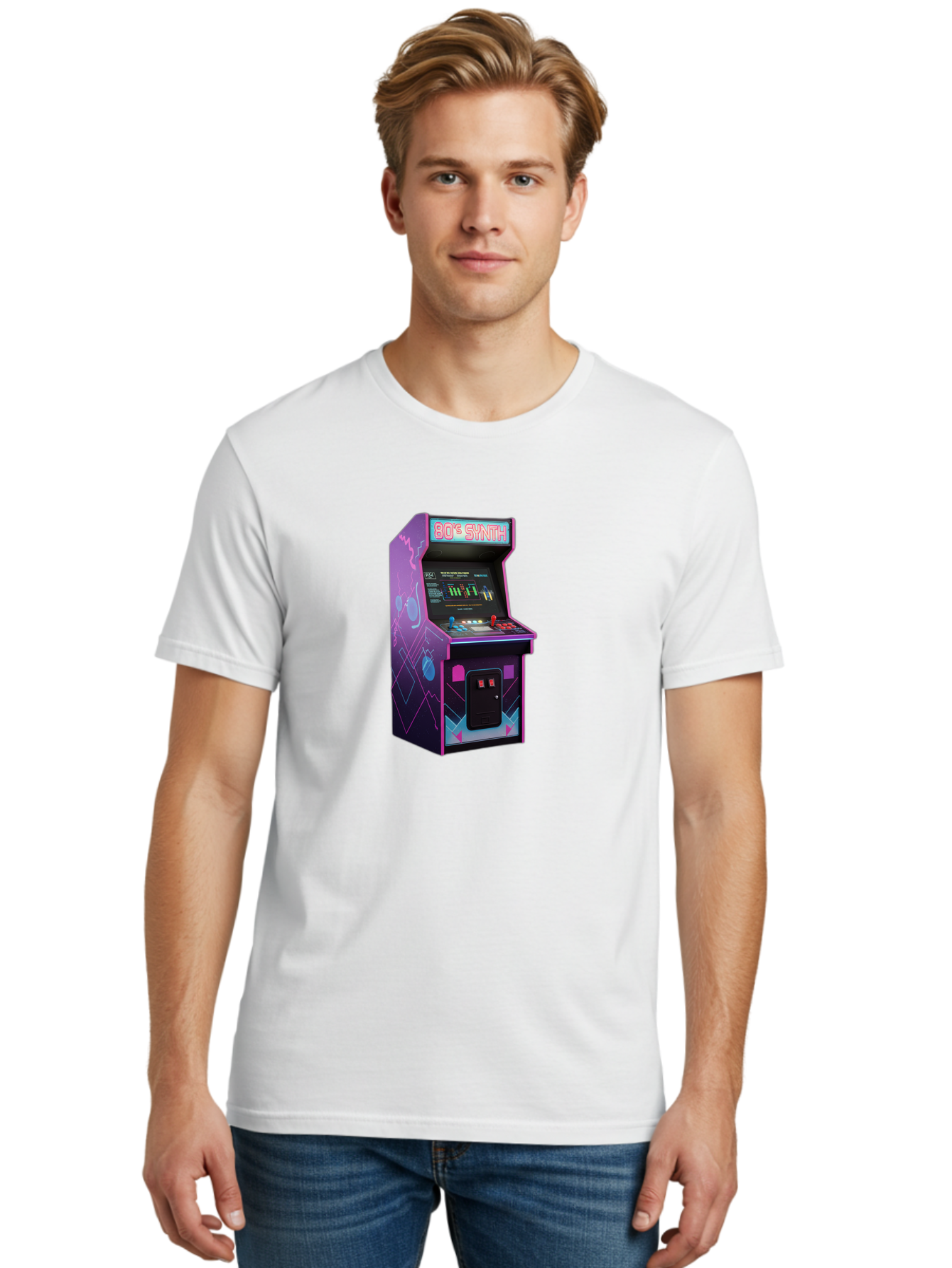 80-S-Synth-Arcade-Machine Men'S Graphic Tee, 100% Cotton, Comfortable Casual Summer Wear, Machine Washable, Retro Arcade Machine, Vintage Gaming, 80S Synth Music, Classic Video Games, Neon Lights, Pixel Art, Nostalgic Atmosphere, Baa115 10