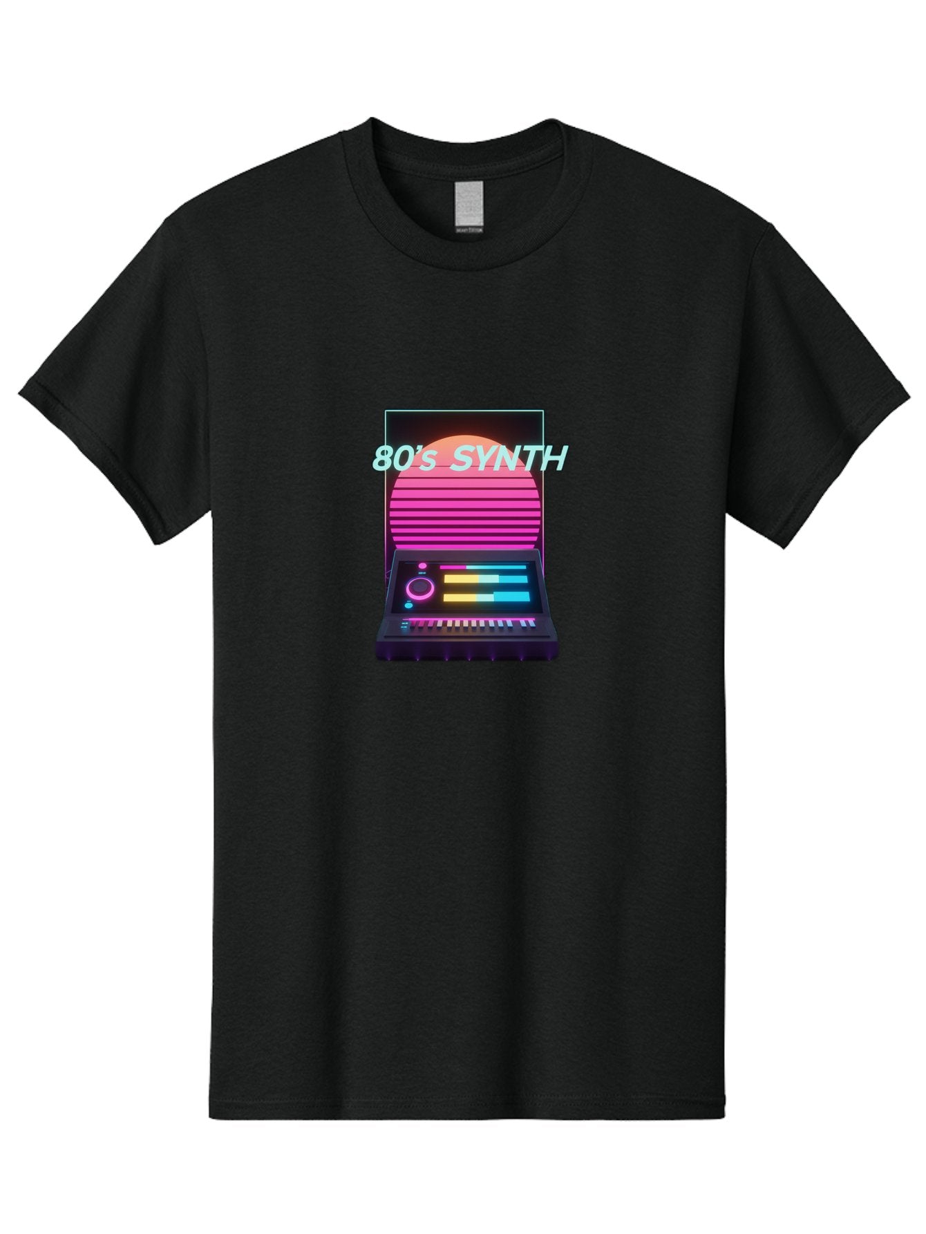 80-S-Synth Men'S Graphic Tee, 100% Cotton, Comfortable Casual Summer Wear, Machine Washable, Vintage Synthesizer, Retro 80S Aesthetic, Electronic Music Equipment, Pink And Orange Hues, Neon Lights, Colorful Sliders, Keyboard, Baa118 14
