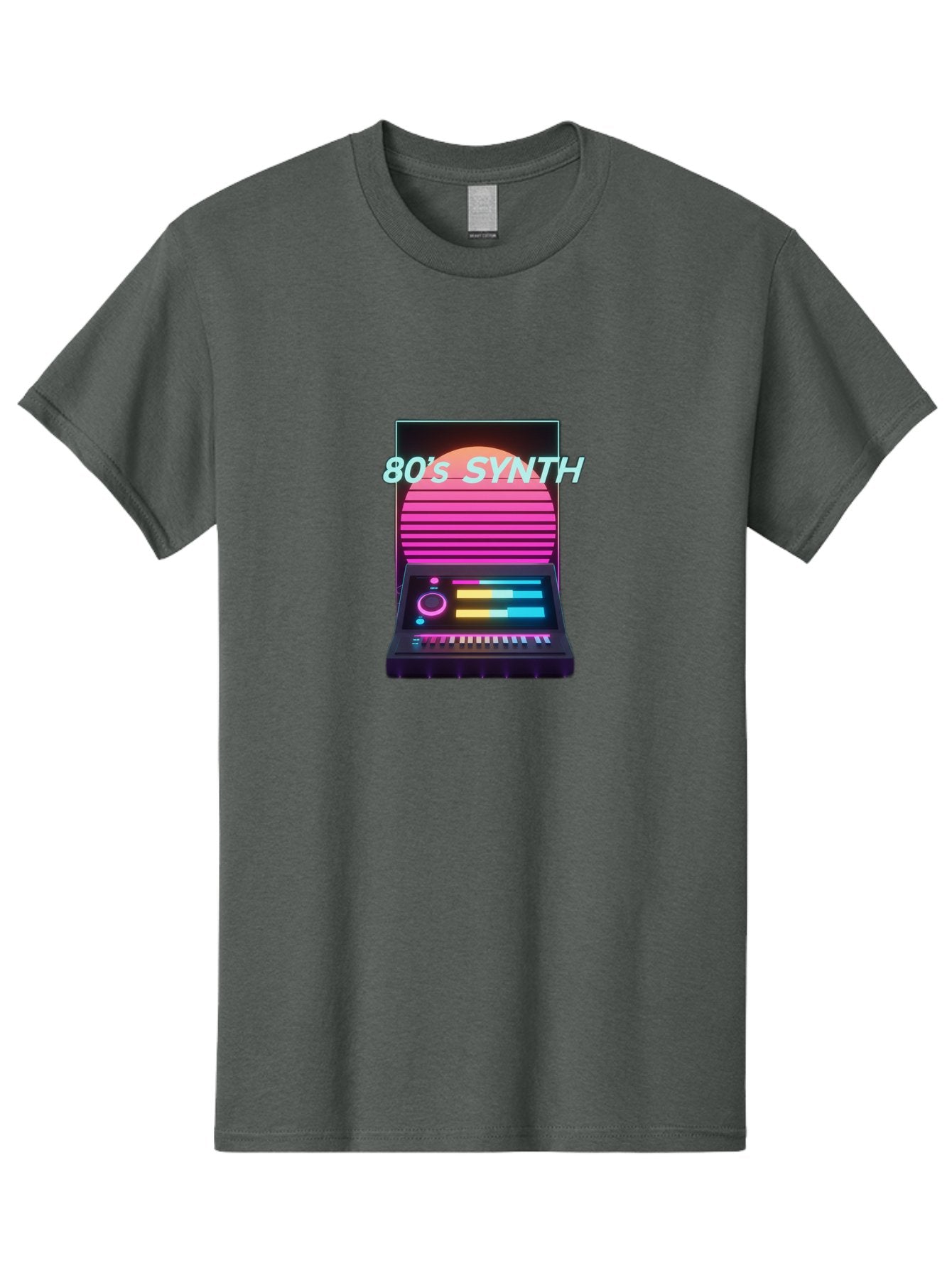 80-S-Synth Men'S Graphic Tee, 100% Cotton, Comfortable Casual Summer Wear, Machine Washable, Vintage Synthesizer, Retro 80S Aesthetic, Electronic Music Equipment, Pink And Orange Hues, Neon Lights, Colorful Sliders, Keyboard, Baa118 4