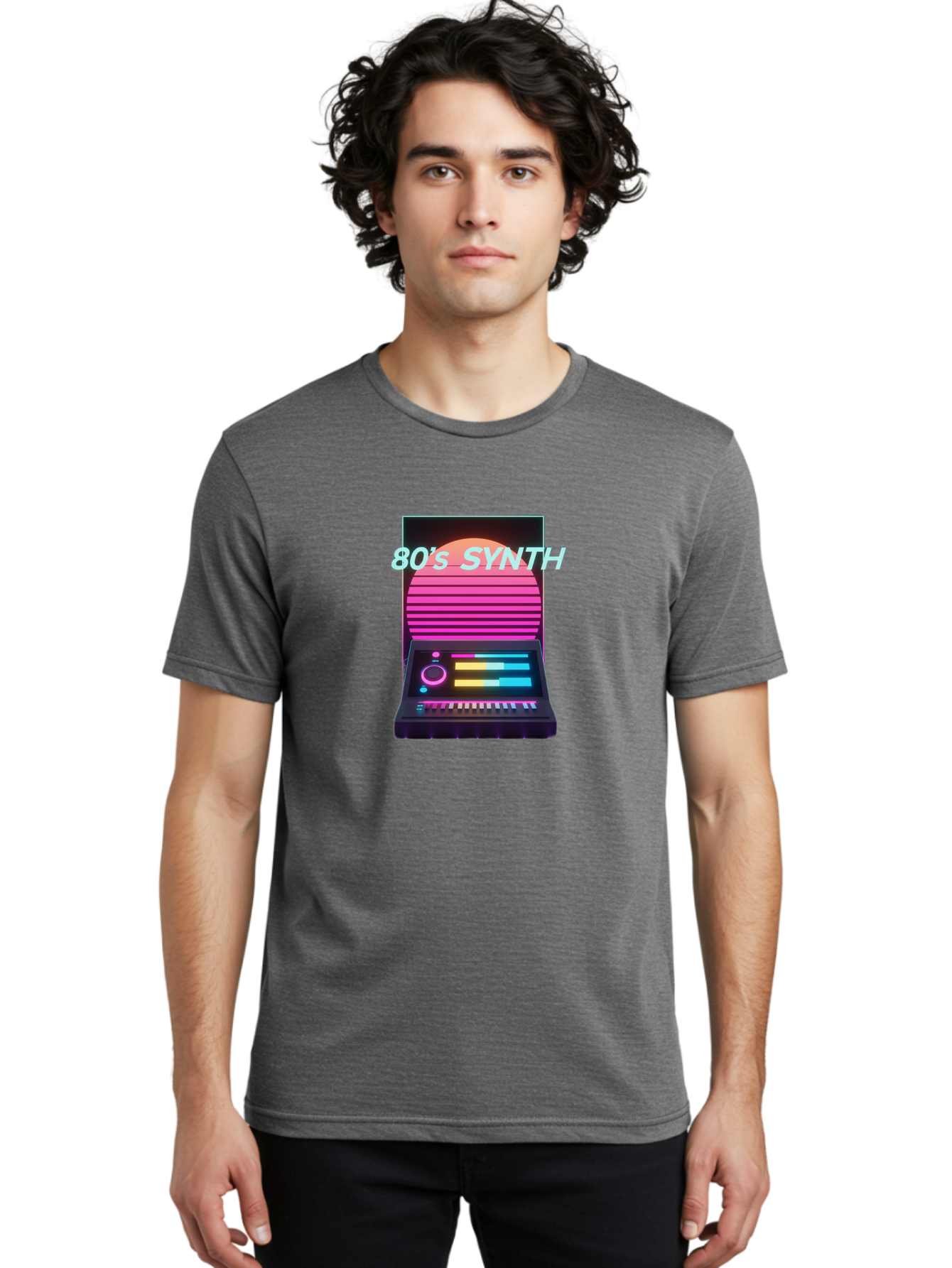 80-S-Synth Men'S Graphic Tee, 100% Cotton, Comfortable Casual Summer Wear, Machine Washable, Vintage Synthesizer, Retro 80S Aesthetic, Electronic Music Equipment, Pink And Orange Hues, Neon Lights, Colorful Sliders, Keyboard, Baa118 10