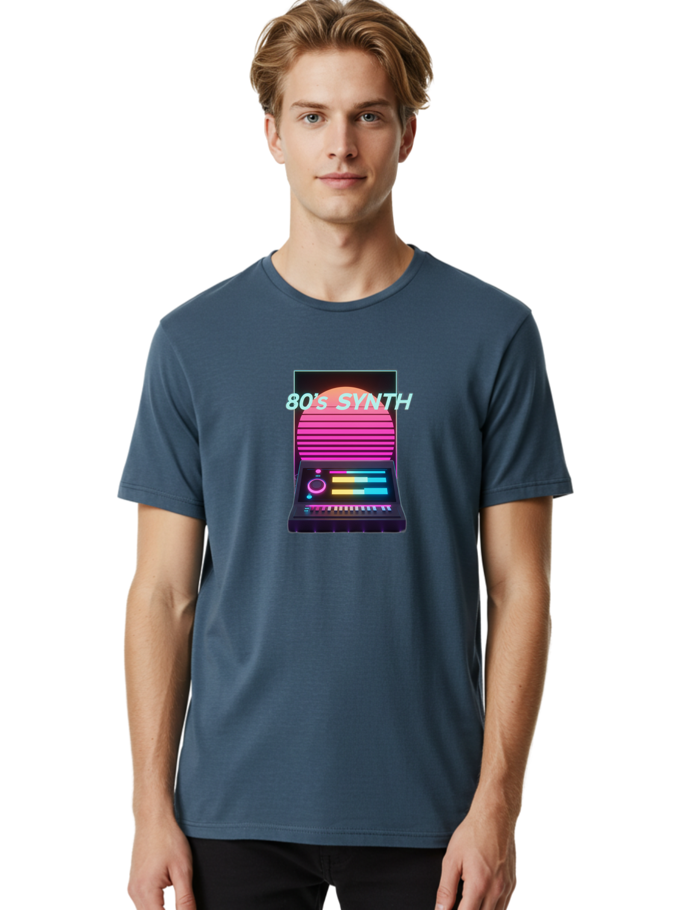 80-S-Synth Men'S Graphic Tee, 100% Cotton, Comfortable Casual Summer Wear, Machine Washable, Vintage Synthesizer, Retro 80S Aesthetic, Electronic Music Equipment, Pink And Orange Hues, Neon Lights, Colorful Sliders, Keyboard, Baa118 20