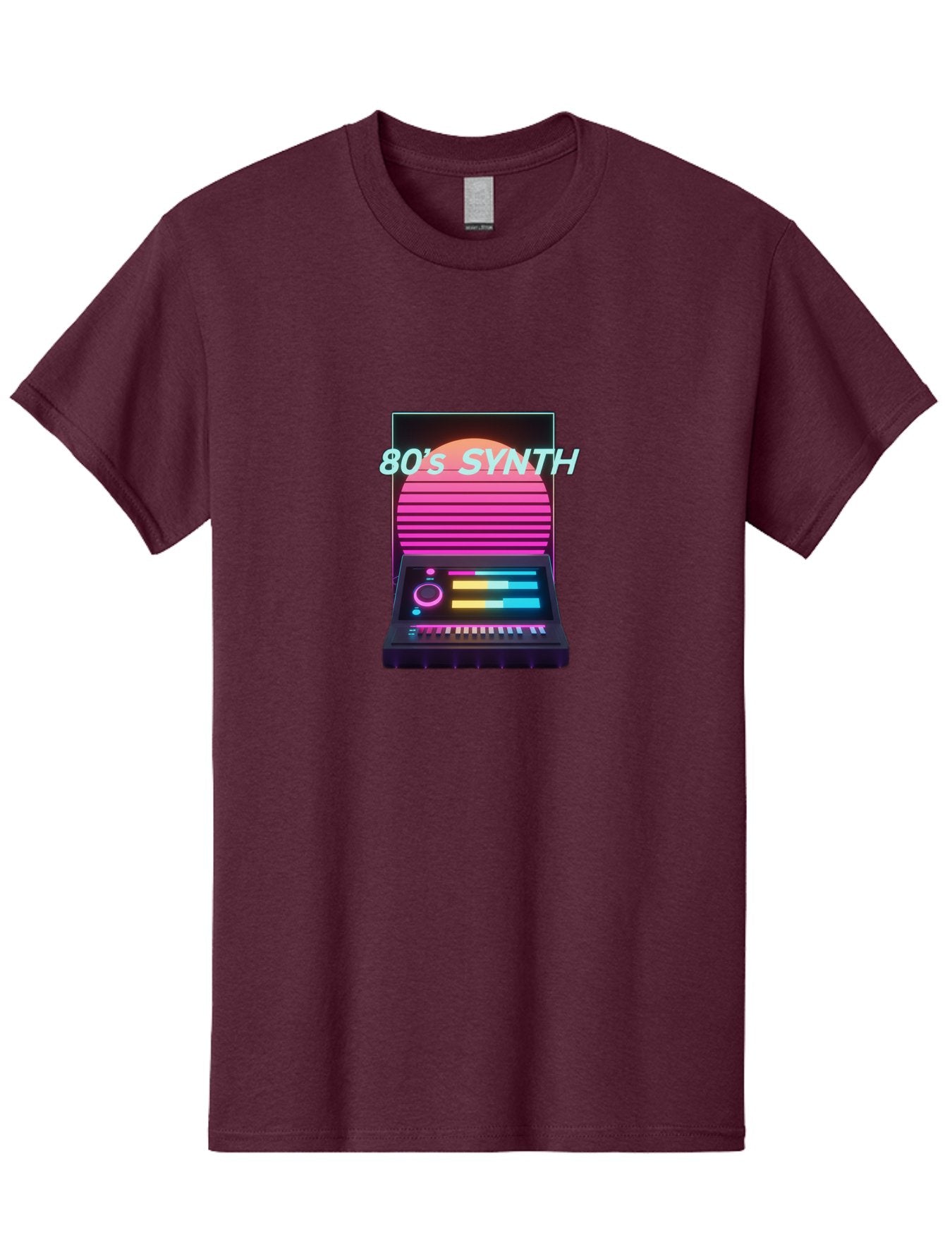 80-S-Synth Men'S Graphic Tee, 100% Cotton, Comfortable Casual Summer Wear, Machine Washable, Vintage Synthesizer, Retro 80S Aesthetic, Electronic Music Equipment, Pink And Orange Hues, Neon Lights, Colorful Sliders, Keyboard, Baa118 6