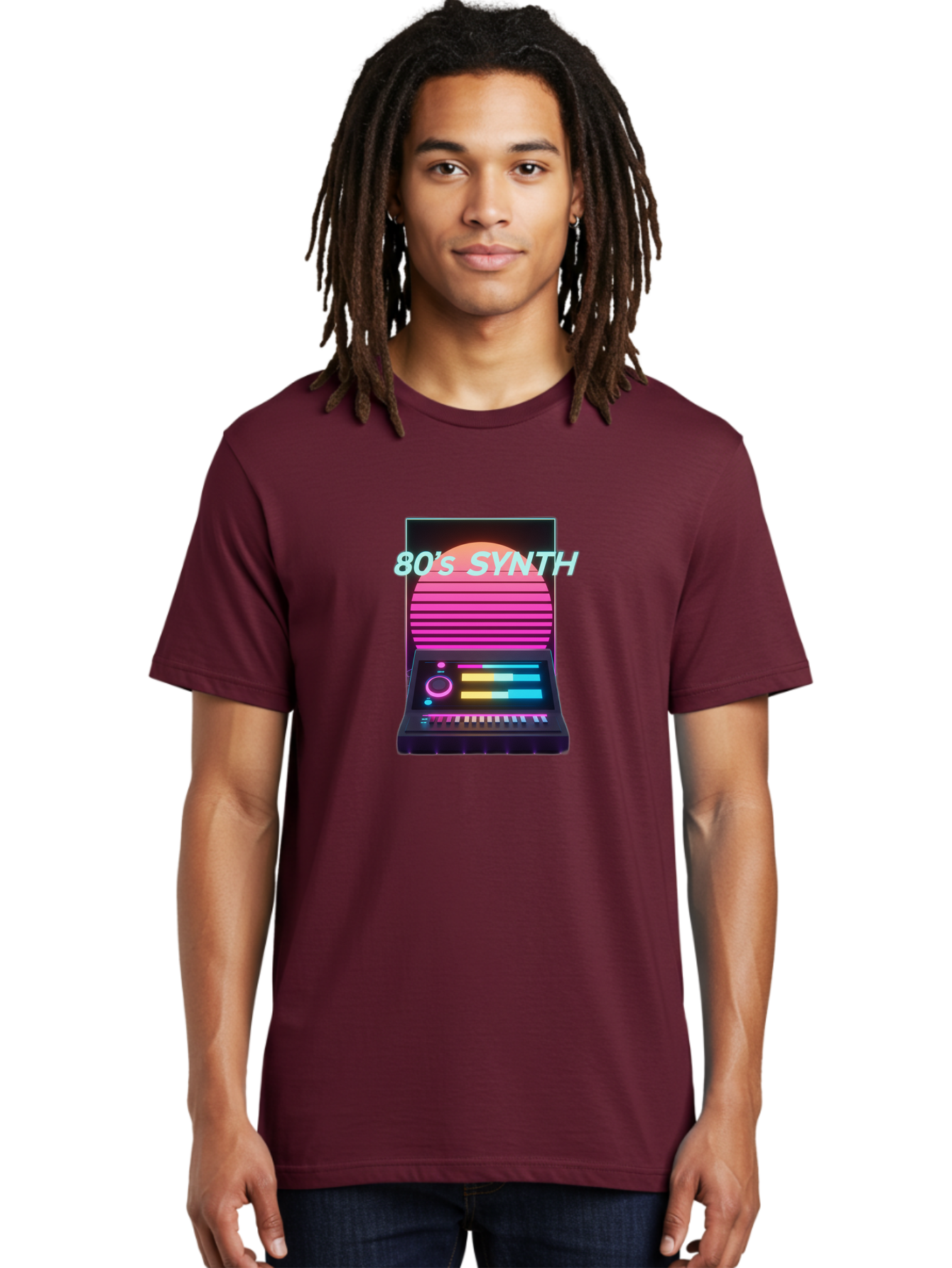 80-S-Synth Men'S Graphic Tee, 100% Cotton, Comfortable Casual Summer Wear, Machine Washable, Vintage Synthesizer, Retro 80S Aesthetic, Electronic Music Equipment, Pink And Orange Hues, Neon Lights, Colorful Sliders, Keyboard, Baa118 14