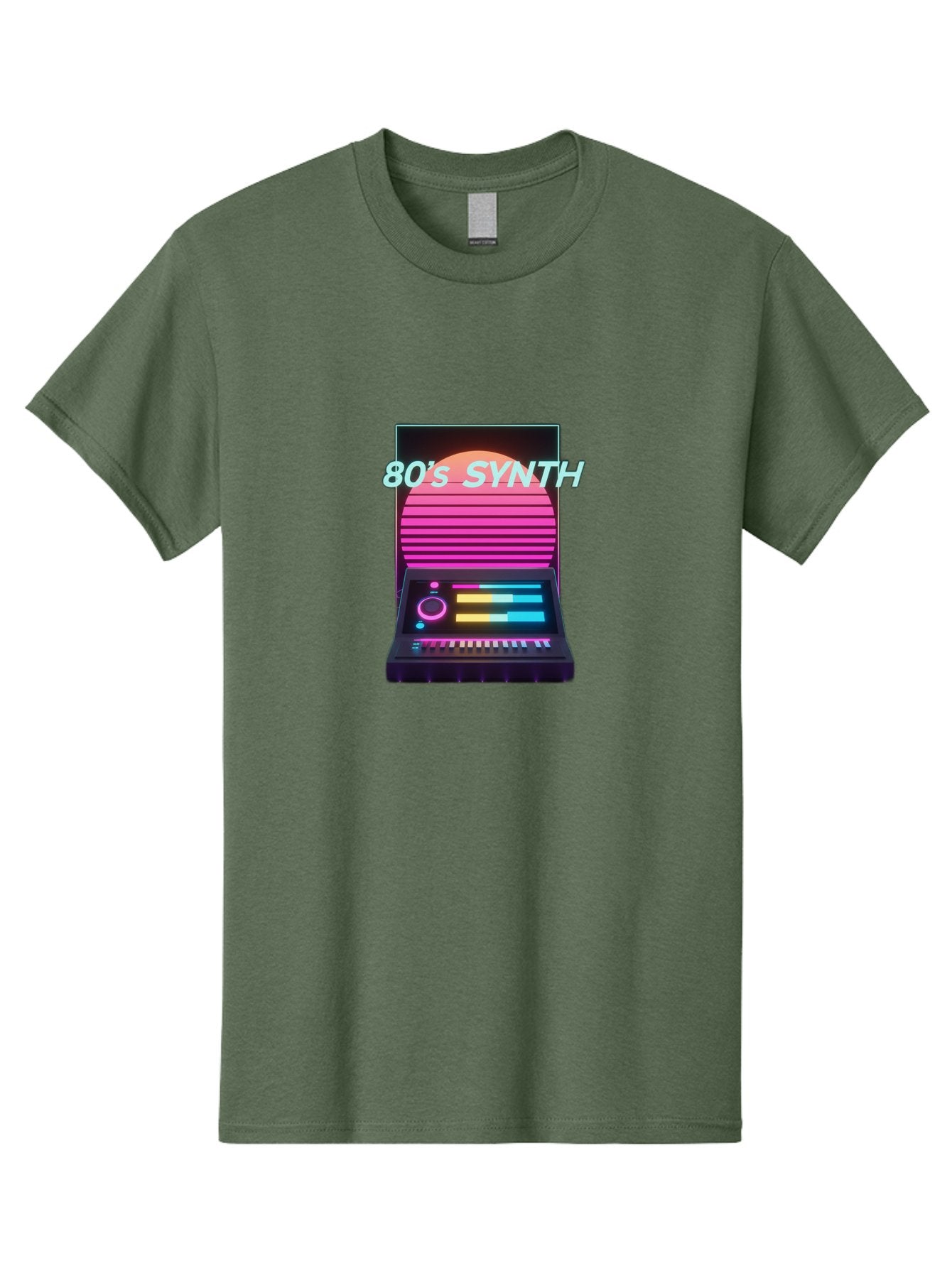 80-S-Synth Men'S Graphic Tee, 100% Cotton, Comfortable Casual Summer Wear, Machine Washable, Vintage Synthesizer, Retro 80S Aesthetic, Electronic Music Equipment, Pink And Orange Hues, Neon Lights, Colorful Sliders, Keyboard, Baa118 7