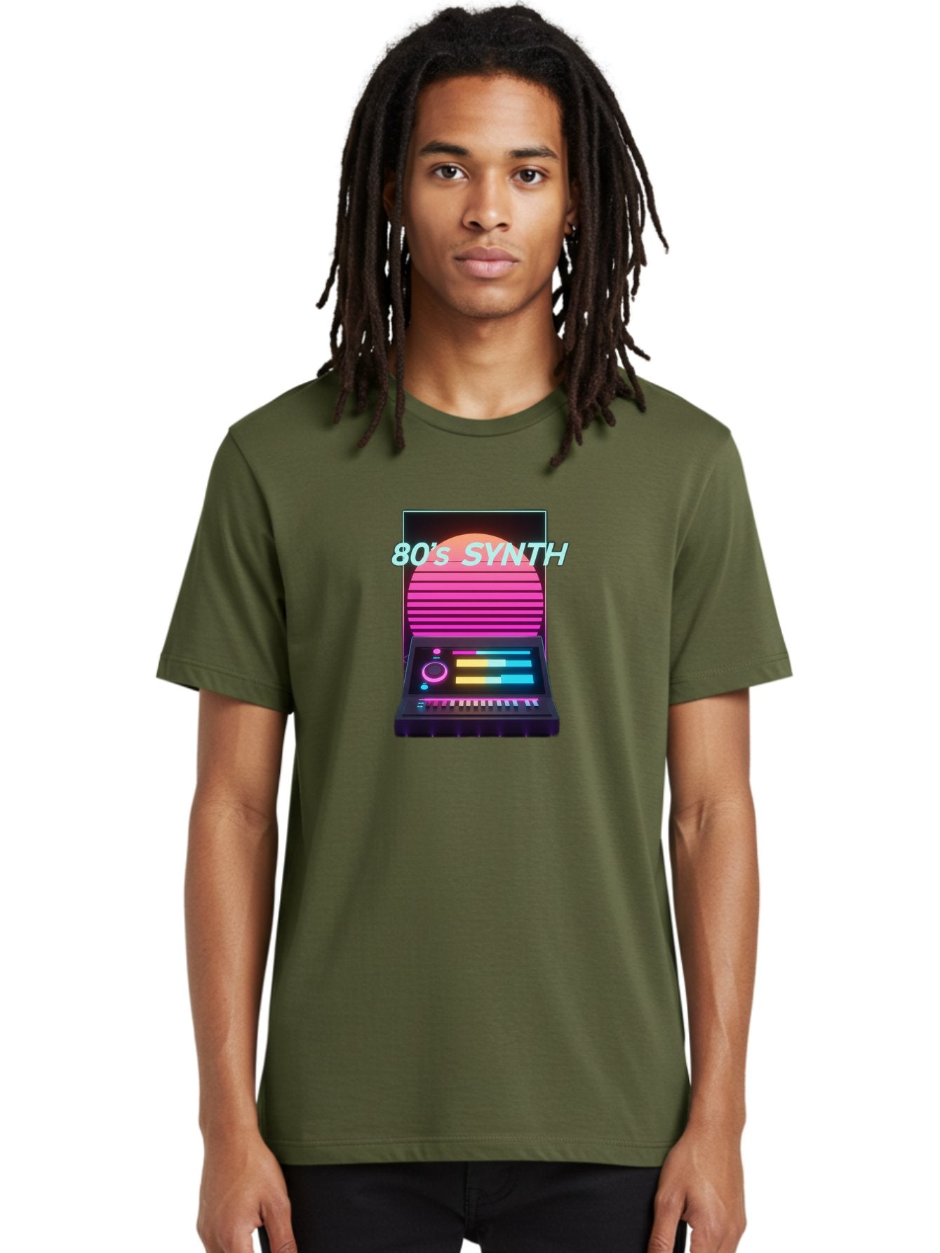 80-S-Synth Men'S Graphic Tee, 100% Cotton, Comfortable Casual Summer Wear, Machine Washable, Vintage Synthesizer, Retro 80S Aesthetic, Electronic Music Equipment, Pink And Orange Hues, Neon Lights, Colorful Sliders, Keyboard, Baa118 16