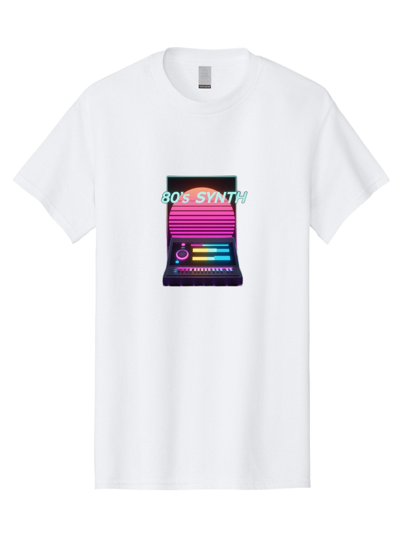 80-S-Synth Men'S Graphic Tee, 100% Cotton, Comfortable Casual Summer Wear, Machine Washable, Vintage Synthesizer, Retro 80S Aesthetic, Electronic Music Equipment, Pink And Orange Hues, Neon Lights, Colorful Sliders, Keyboard, Baa118 10