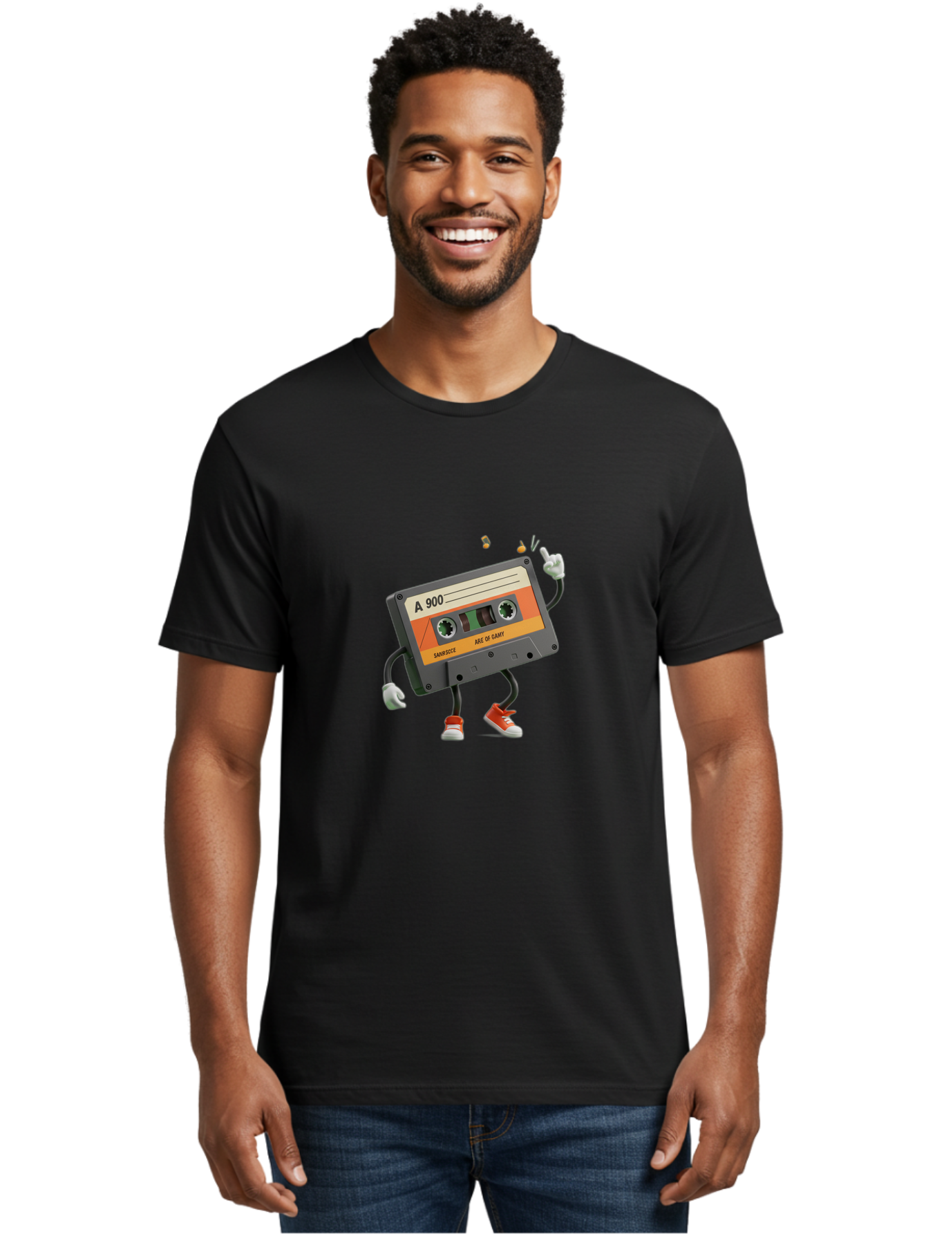 A-900 Men'S Graphic Tee, 100% Cotton, Comfortable Casual Summer Wear, Machine Washable, Retro Cassette Mixtape, A 900, Vintage Music, Age Of Saint, Nostalgic Vibes, Funky Character, Orange And Grey, Red Shoes, Thumbs Up, Baa122 4