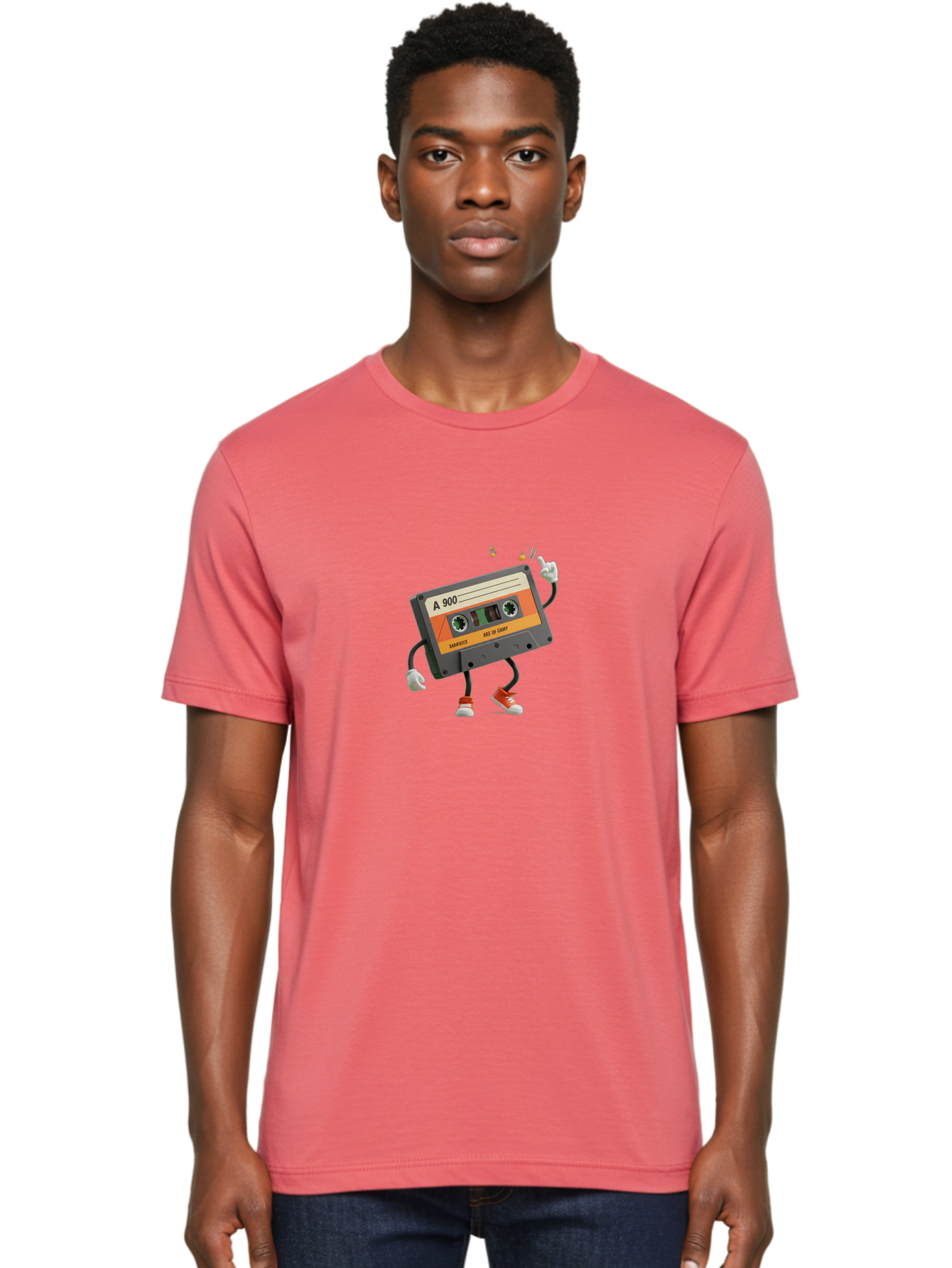 A-900 Men'S Graphic Tee, 100% Cotton, Comfortable Casual Summer Wear, Machine Washable, Retro Cassette Mixtape, A 900, Vintage Music, Age Of Saint, Nostalgic Vibes, Funky Character, Orange And Grey, Red Shoes, Thumbs Up, Baa122 12