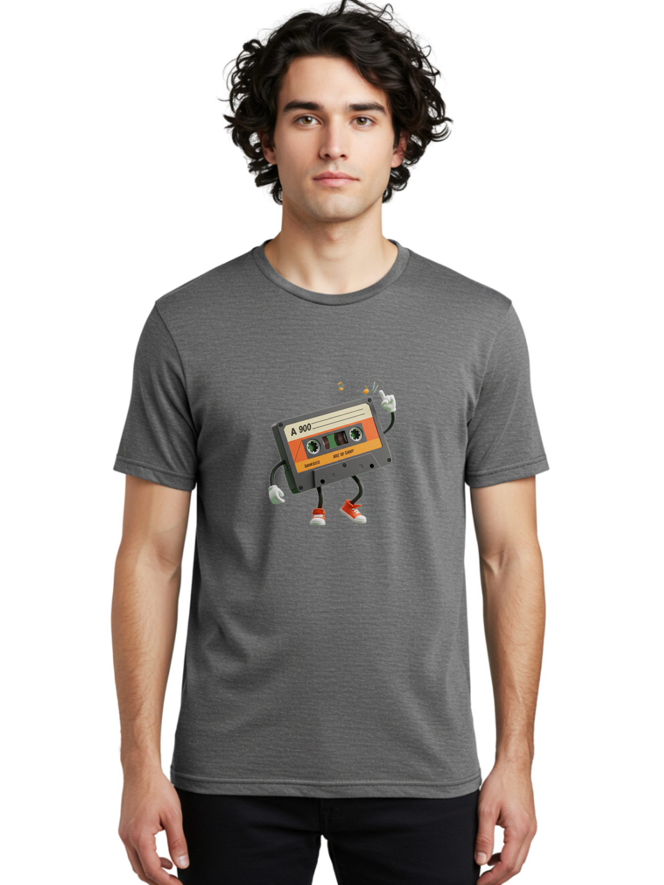 A-900 Men'S Graphic Tee, 100% Cotton, Comfortable Casual Summer Wear, Machine Washable, Retro Cassette Mixtape, A 900, Vintage Music, Age Of Saint, Nostalgic Vibes, Funky Character, Orange And Grey, Red Shoes, Thumbs Up, Baa122 30