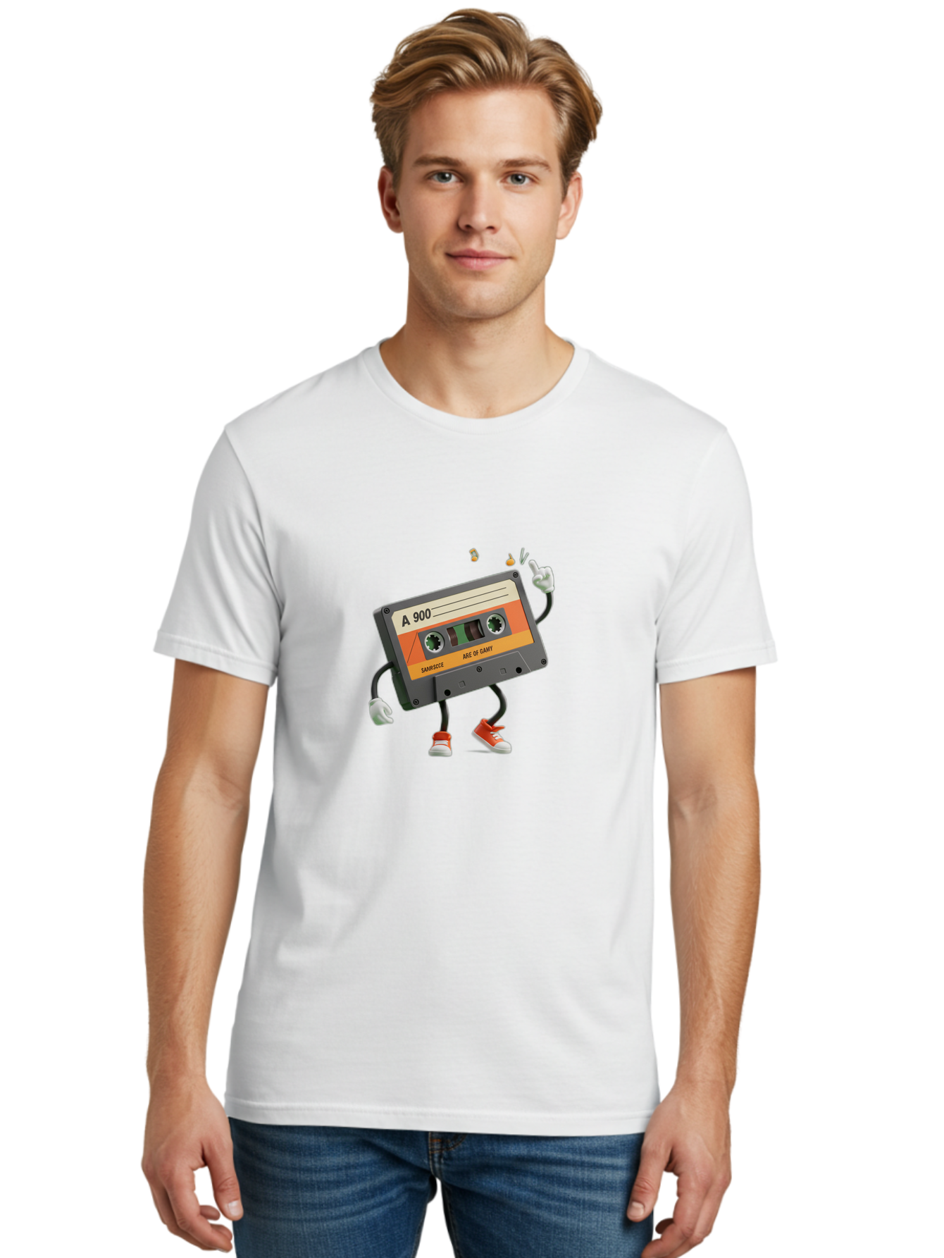 A-900 Men'S Graphic Tee, 100% Cotton, Comfortable Casual Summer Wear, Machine Washable, Retro Cassette Mixtape, A 900, Vintage Music, Age Of Saint, Nostalgic Vibes, Funky Character, Orange And Grey, Red Shoes, Thumbs Up, Baa122 20