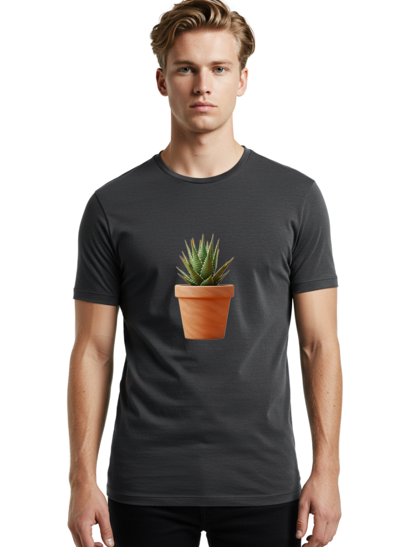Agave-In-Terracotta-Pot Men'S Graphic Tee, 100% Cotton, Comfortable Casual Summer Wear, Machine Washable, Aloe Vera In Terracotta Pot, Succulent Plant, Indoor Decor, Minimalist Design, Low Maintenance, Green Leaves, Spiky Texture, Home Decor Baa124 4