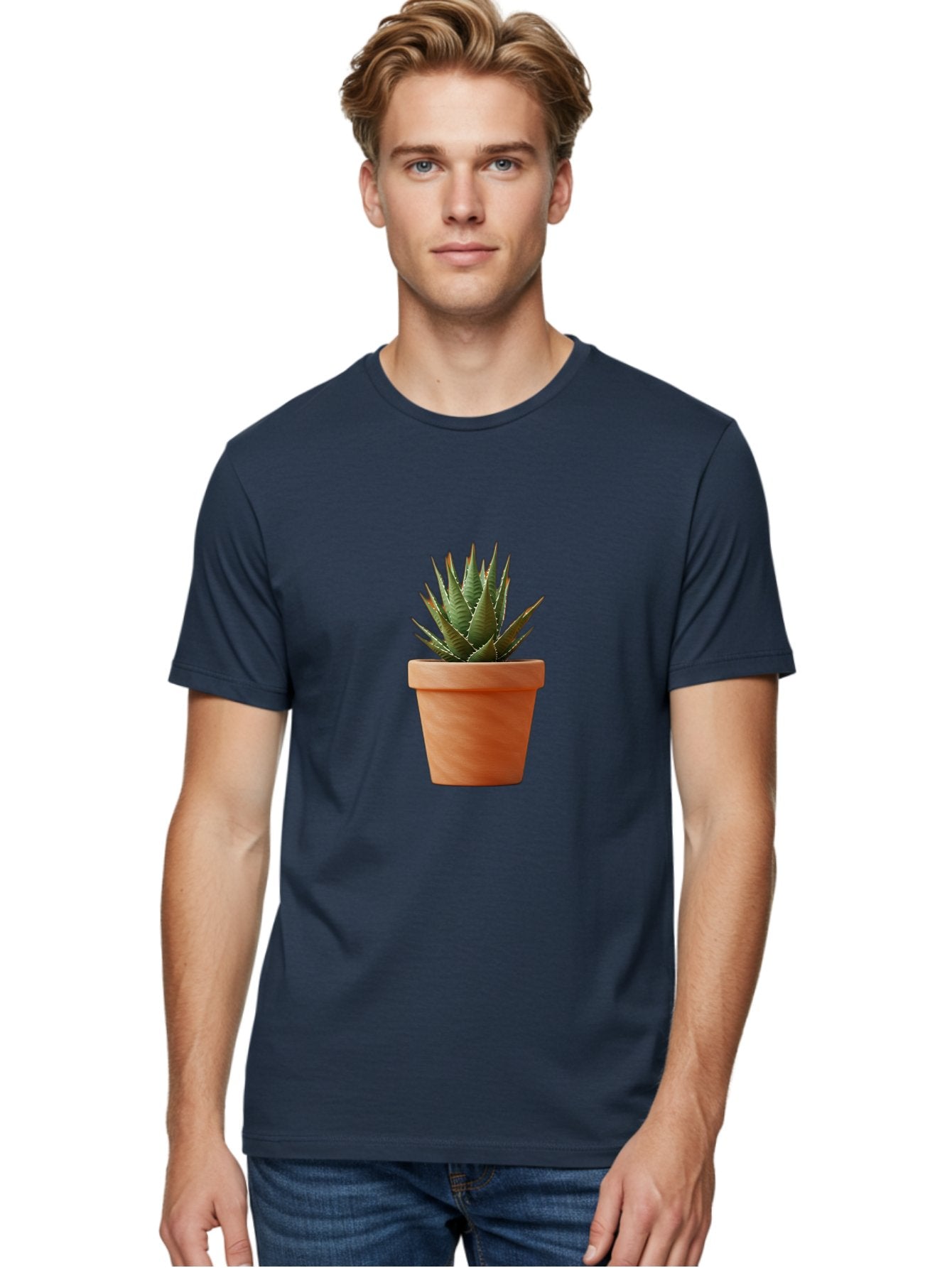 Agave-In-Terracotta-Pot Men'S Graphic Tee, 100% Cotton, Comfortable Casual Summer Wear, Machine Washable, Aloe Vera In Terracotta Pot, Succulent Plant, Indoor Decor, Minimalist Design, Low Maintenance, Green Leaves, Spiky Texture, Home Decor Baa124 30