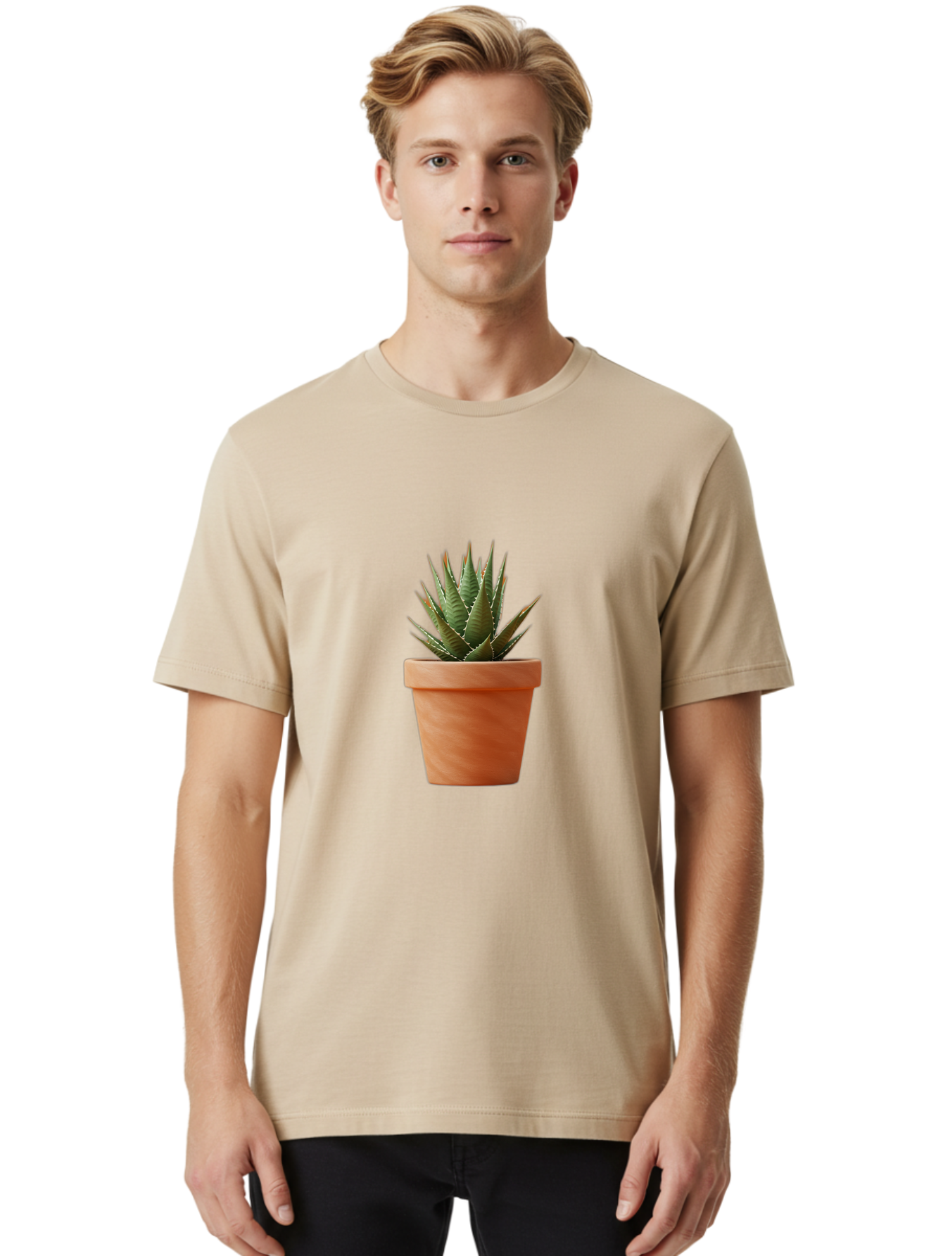 Agave-In-Terracotta-Pot Men'S Graphic Tee, 100% Cotton, Comfortable Casual Summer Wear, Machine Washable, Aloe Vera In Terracotta Pot, Succulent Plant, Indoor Decor, Minimalist Design, Low Maintenance, Green Leaves, Spiky Texture, Home Decor Baa124 20