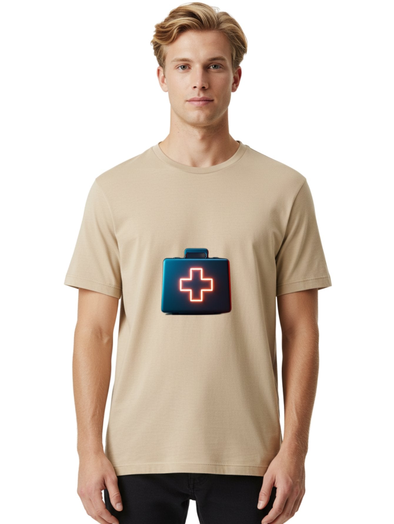 Aid-Kit Men'S Graphic Tee, 100% Cotton, Comfortable Casual Summer Wear, Machine Washable, Medical Kit, First Aid Box, Health Care, Emergency Response, Medical Cross, Neon Sign, 3D Rendering Baa126 25