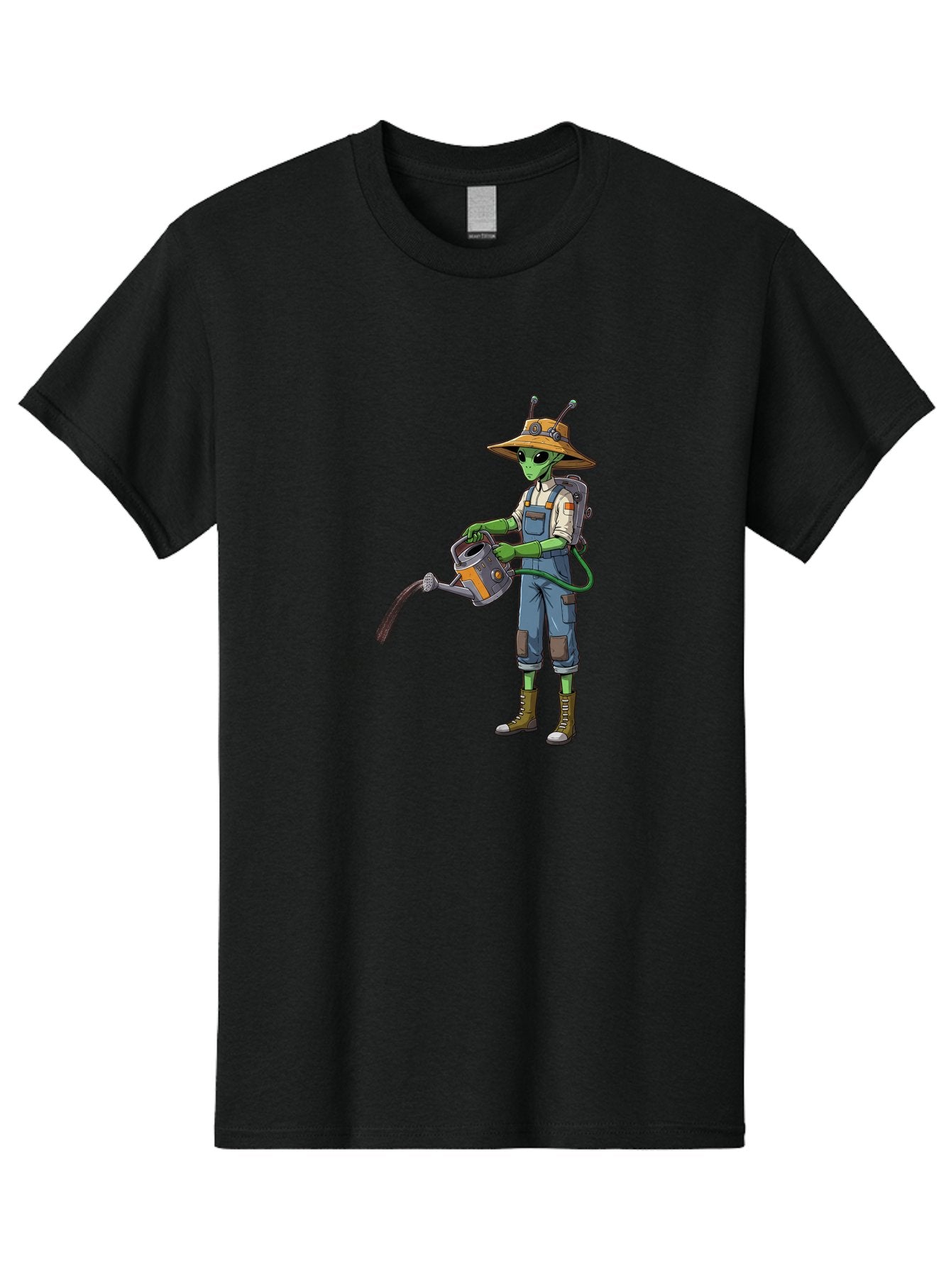 Alien-Gardener Men'S Graphic Tee, 100% Cotton, Comfortable Casual Summer Wear, Machine Washable, Alien Gardener, Watering Can, Gardening Tools, Green Skin, Futuristic Gardening, Cartoon Character, Science Fiction, Gardening Gloves, Overalls, Baa127