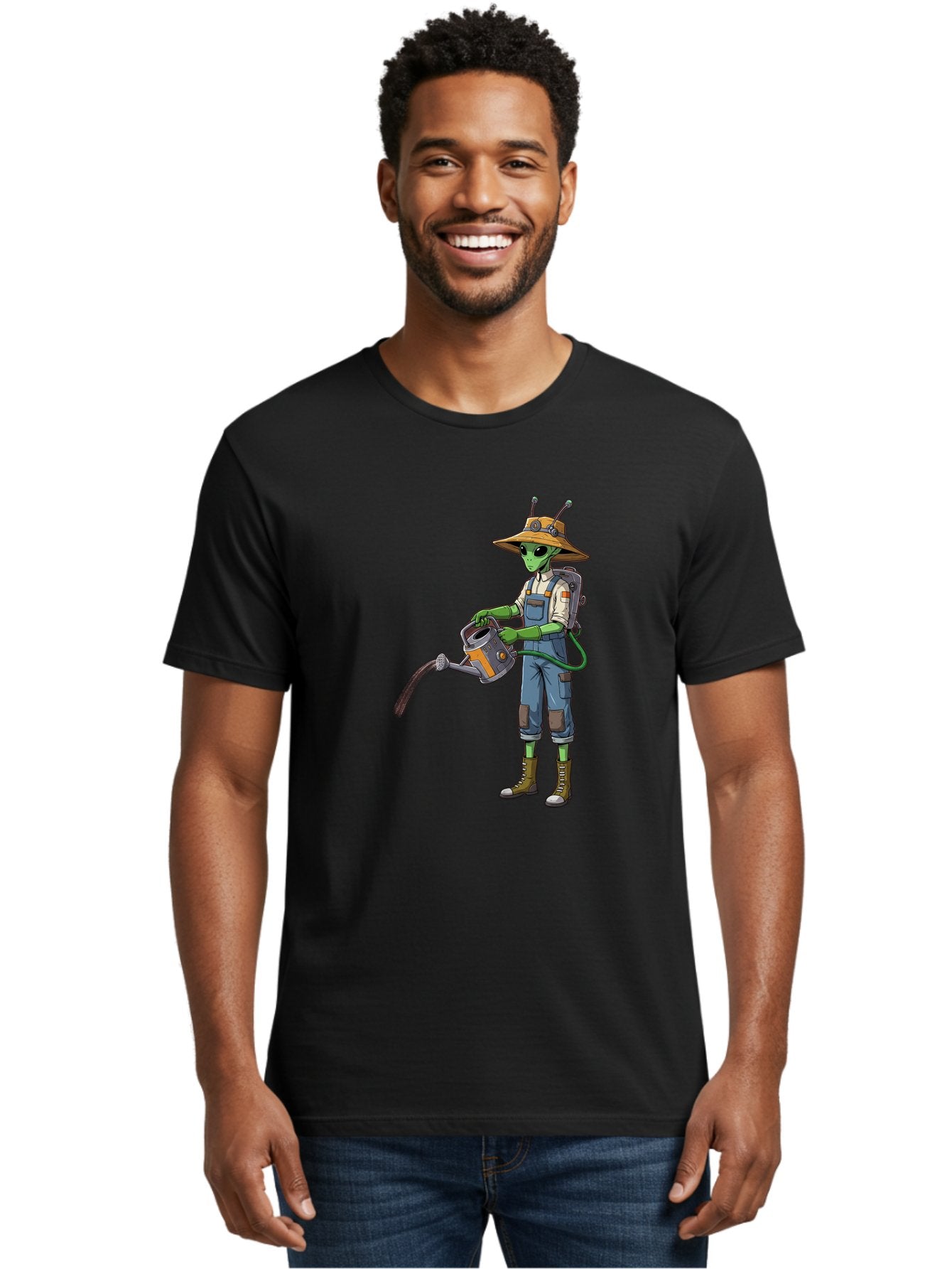 Alien-Gardener Men'S Graphic Tee, 100% Cotton, Comfortable Casual Summer Wear, Machine Washable, Alien Gardener, Watering Can, Gardening Tools, Green Skin, Futuristic Gardening, Cartoon Character, Science Fiction, Gardening Gloves, Overalls, Baa127 21