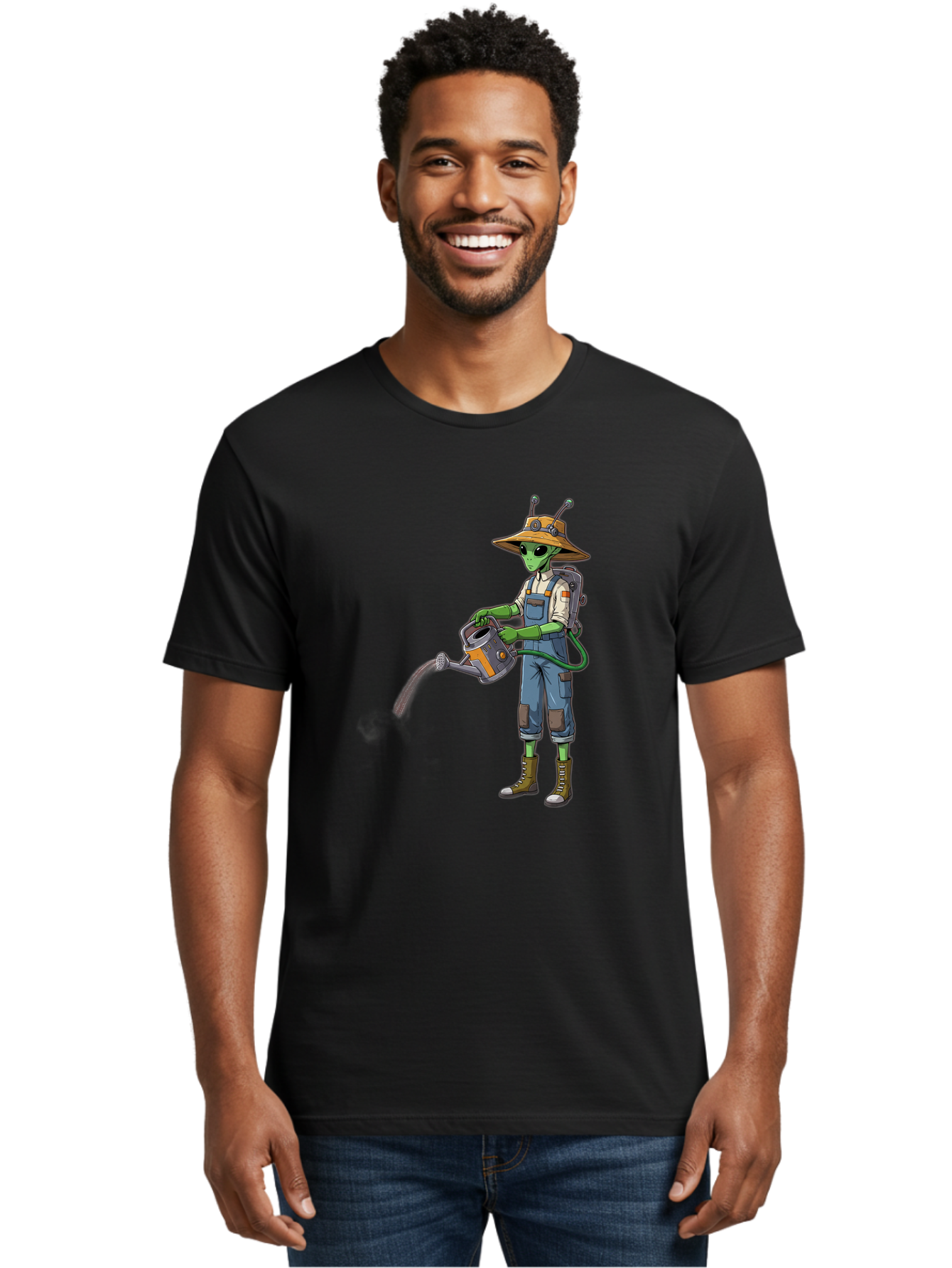 Alien-Gardener Men'S Graphic Tee, 100% Cotton, Comfortable Casual Summer Wear, Machine Washable, Alien Gardener, Watering Can, Gardening Tools, Green Skin, Futuristic Gardening, Cartoon Character, Science Fiction, Gardening Gloves, Overalls, Baa127 25