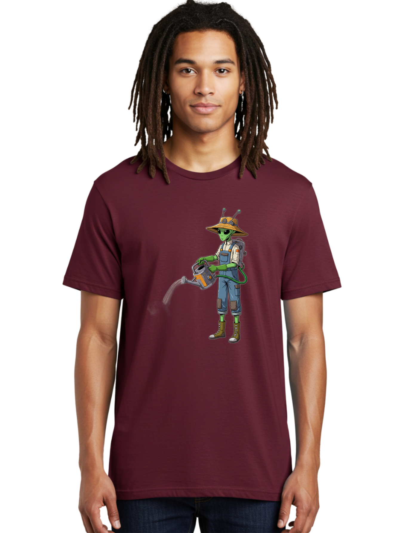 Alien-Gardener Men'S Graphic Tee, 100% Cotton, Comfortable Casual Summer Wear, Machine Washable, Alien Gardener, Watering Can, Gardening Tools, Green Skin, Futuristic Gardening, Cartoon Character, Science Fiction, Gardening Gloves, Overalls, Baa127 20