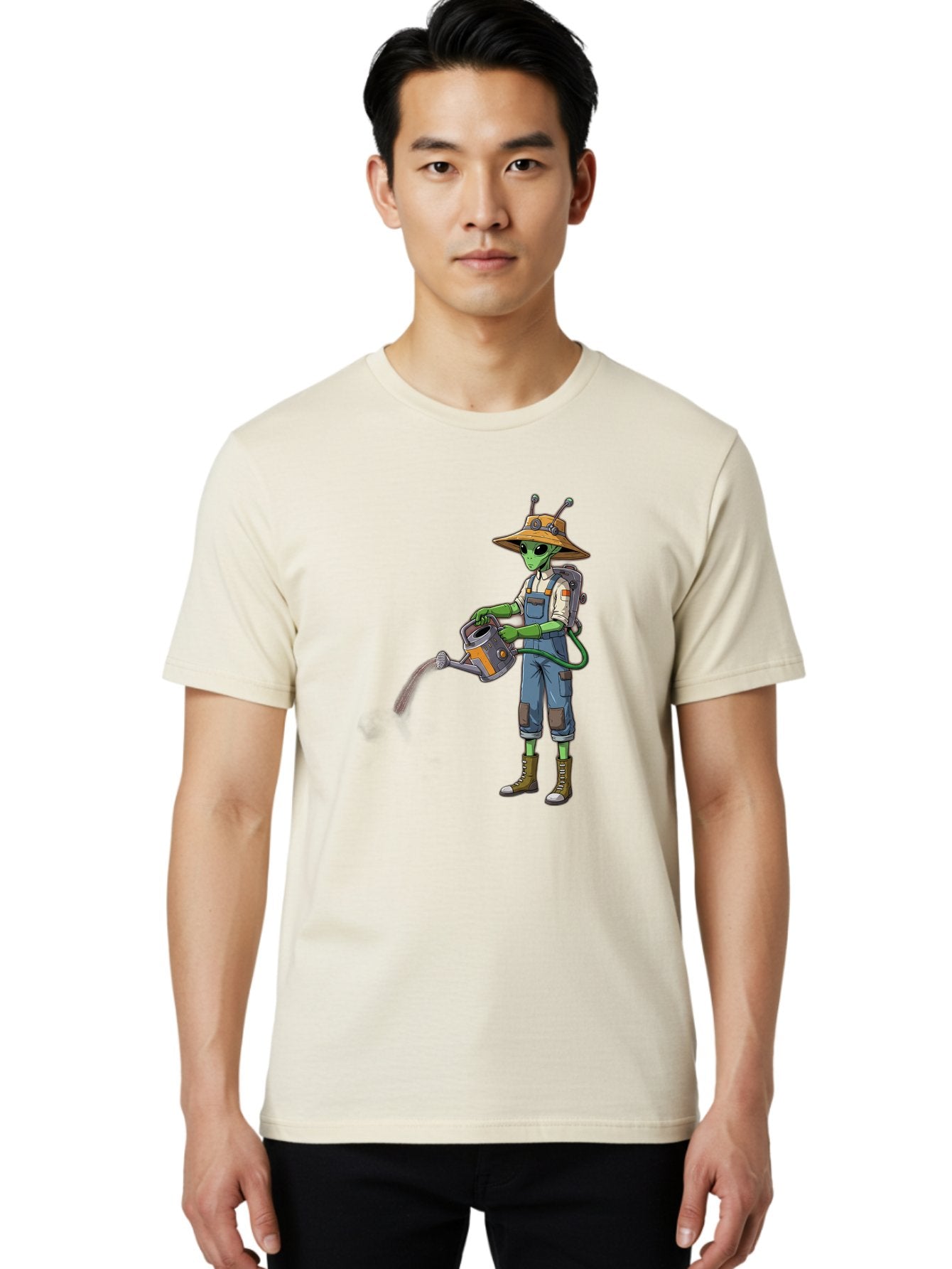 Alien-Gardener Men'S Graphic Tee, 100% Cotton, Comfortable Casual Summer Wear, Machine Washable, Alien Gardener, Watering Can, Gardening Tools, Green Skin, Futuristic Gardening, Cartoon Character, Science Fiction, Gardening Gloves, Overalls, Baa127 23