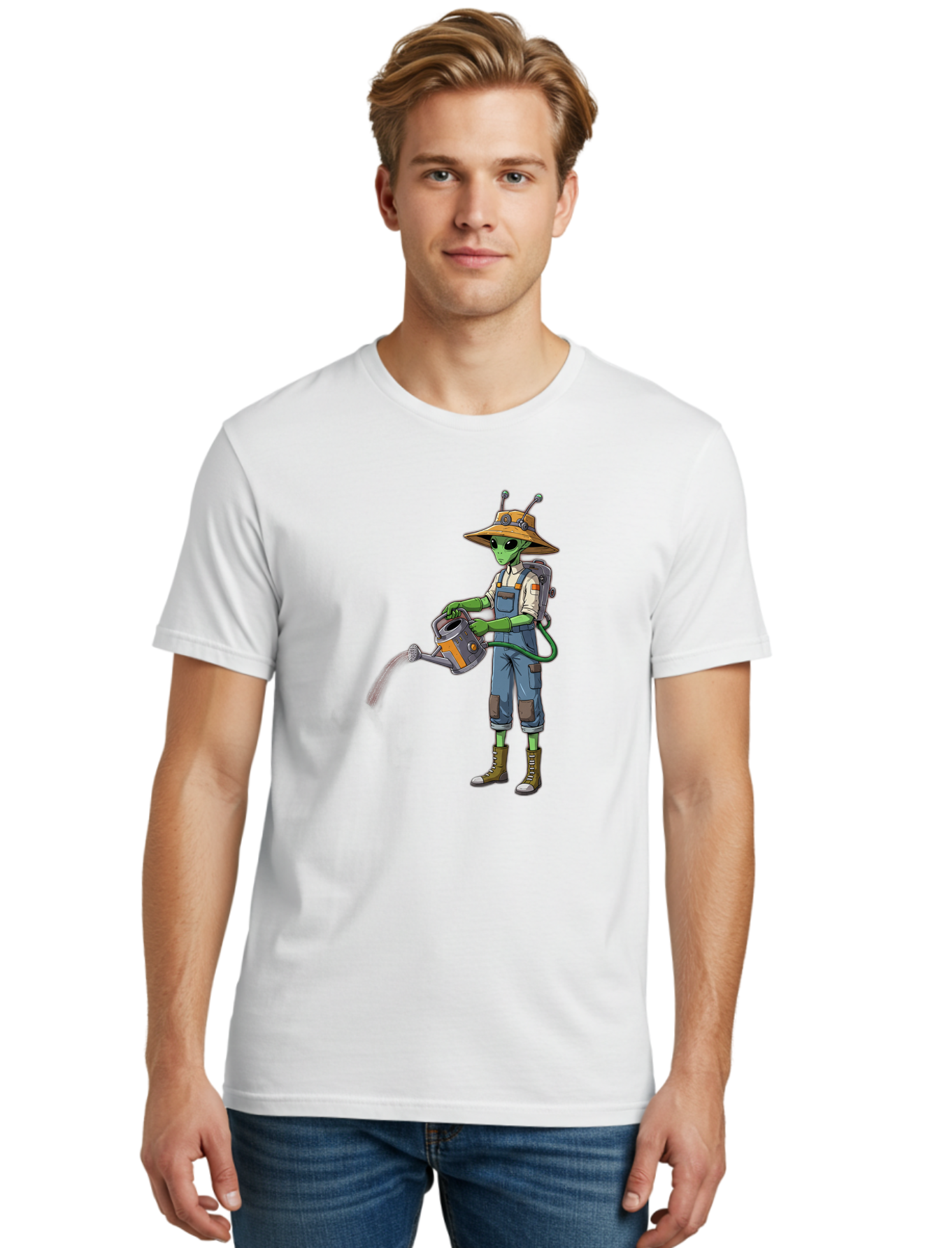 Alien-Gardener Men'S Graphic Tee, 100% Cotton, Comfortable Casual Summer Wear, Machine Washable, Alien Gardener, Watering Can, Gardening Tools, Green Skin, Futuristic Gardening, Cartoon Character, Science Fiction, Gardening Gloves, Overalls, Baa127 26