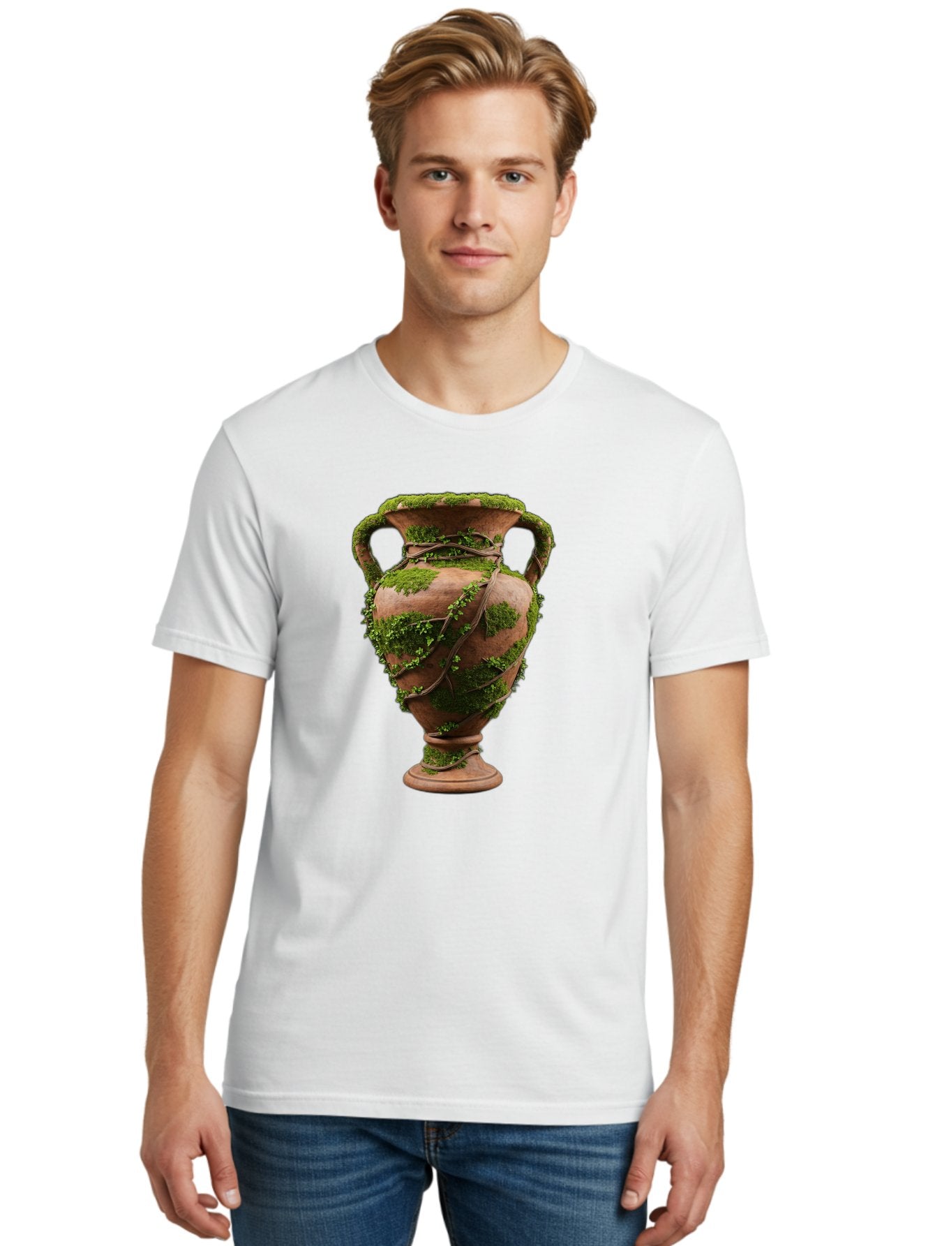 Amphora Men'S Graphic Tee, 100% Cotton, Comfortable Casual Summer Wear, Machine Washable, Moss And Vines, Terracotta Vase, Greenery, Rustic Charm, Natural Decor, Earthy Tones, Botanical Elements, Vintage Pottery, Eclectic Style Baa128 28