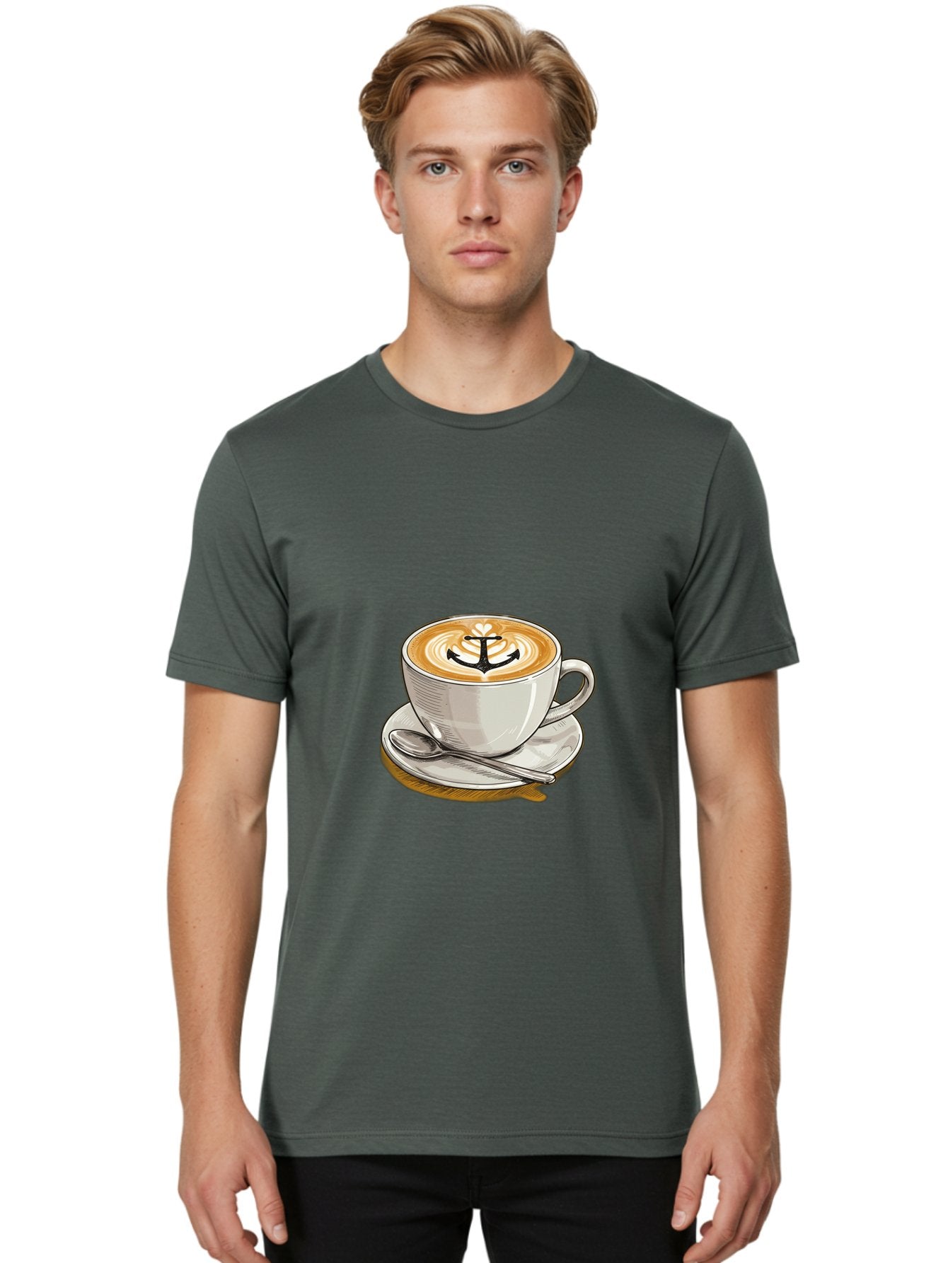 Anchor-Coffee Men'S Graphic Tee, 100% Cotton, Comfortable Casual Summer Wear, Machine Washable, Latte Art, Coffee Cup, Coffee Design, Anchor Symbol, Coffee Culture, Artistic Coffee, Coffee Drink, Saucer And Spoon, Coffee Art Baa129 23