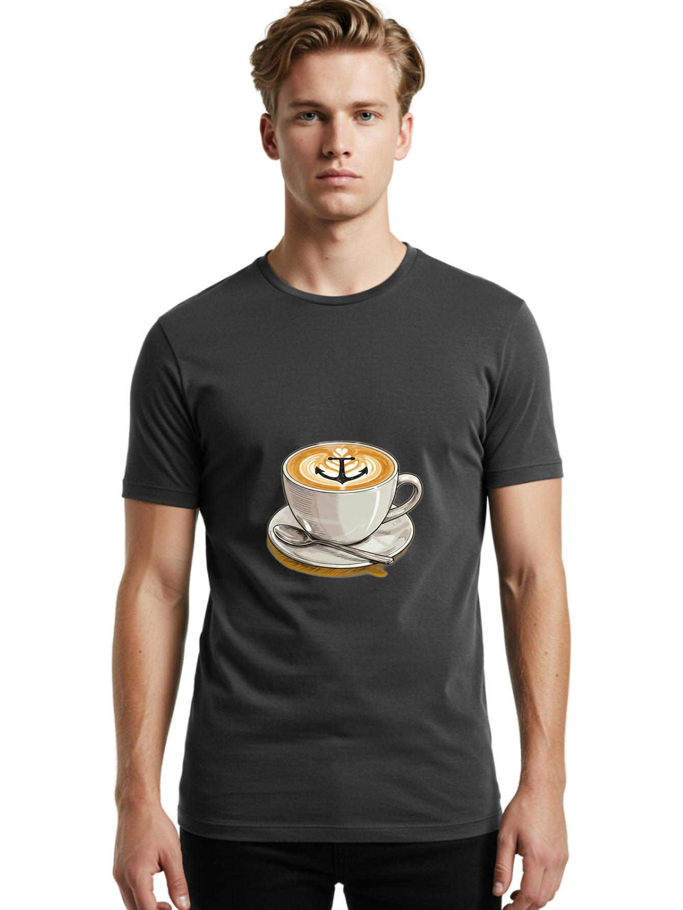Anchor-Coffee Men'S Graphic Tee, 100% Cotton, Comfortable Casual Summer Wear, Machine Washable, Latte Art, Coffee Cup, Coffee Design, Anchor Symbol, Coffee Culture, Artistic Coffee, Coffee Drink, Saucer And Spoon, Coffee Art Baa129 14