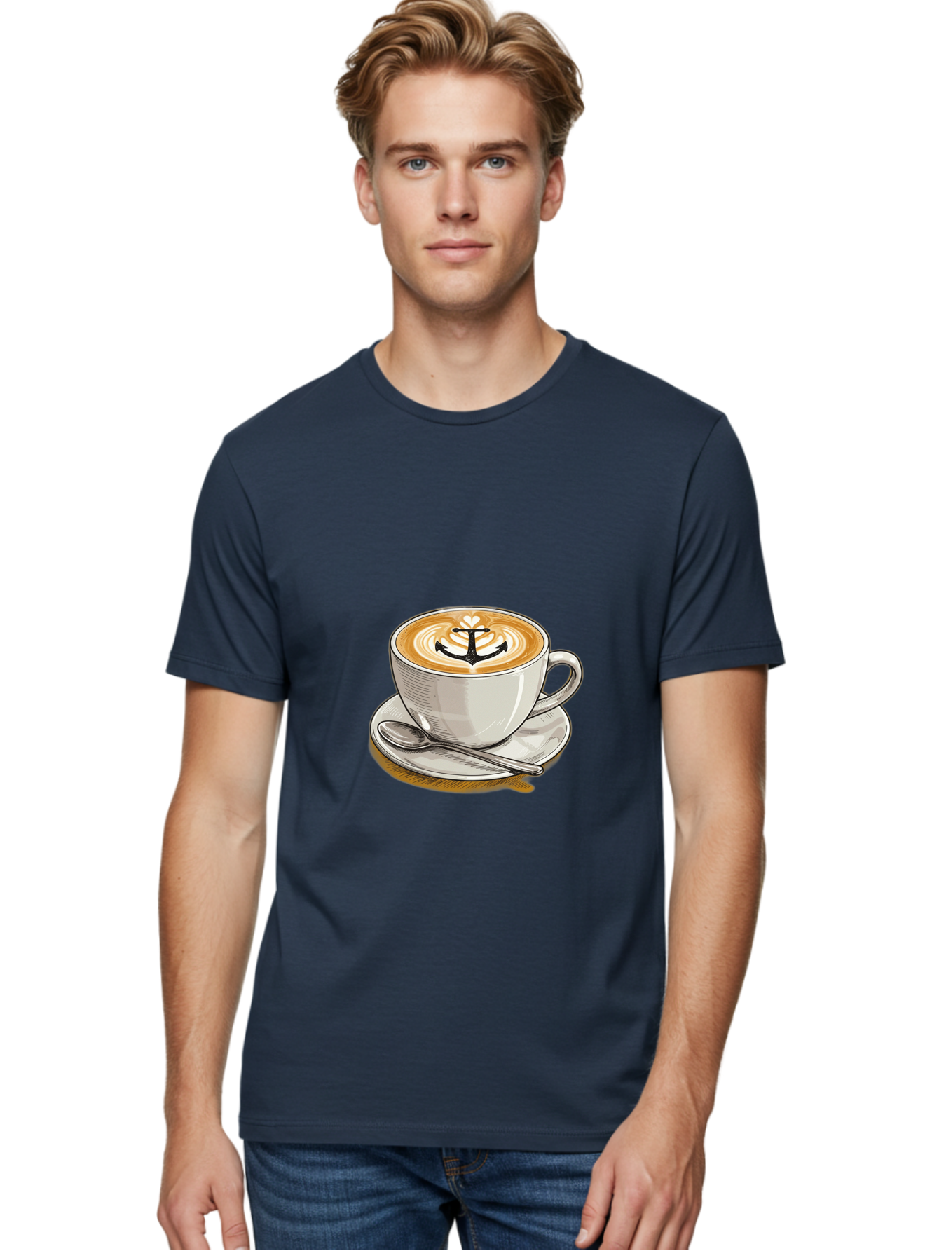 Anchor-Coffee Men'S Graphic Tee, 100% Cotton, Comfortable Casual Summer Wear, Machine Washable, Latte Art, Coffee Cup, Coffee Design, Anchor Symbol, Coffee Culture, Artistic Coffee, Coffee Drink, Saucer And Spoon, Coffee Art Baa129 6